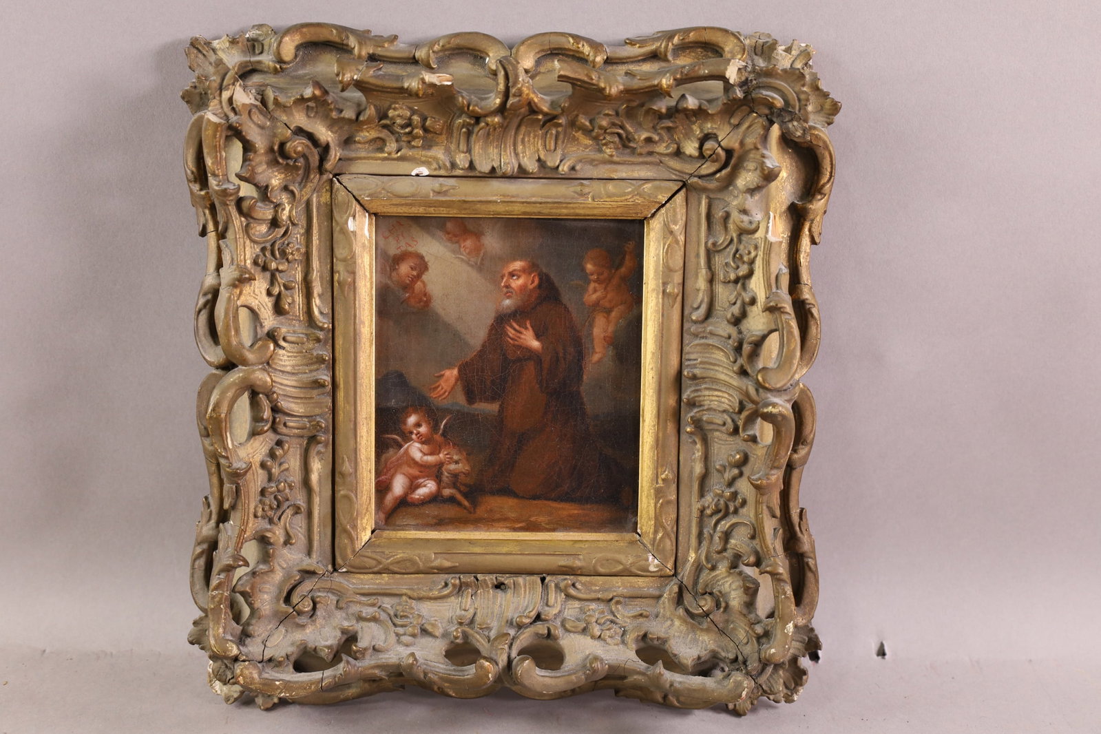 VISION OF SAINT FRANCIS OF PAOLA OIL PAINTING: AFTER BARTOLOME ESTEBAN MUR, OIL ON CANVAS, 6" x 7" IMAGE SIZE / 12" x 13" IN FRAME. DAMAGE TO FRAME.