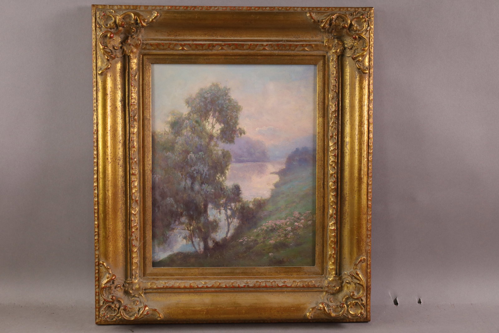 GUY ROSE OIL PAINTING: OIL ON BOARD, SIGNED LOWER RIGHT, MISTY LANDSCAPE, 10 1/4" x 12 1/2" IMAGE SIZE / 16" x 18 1/2" IN FRAME. THE WORK IS OFFERED FROM A PRIVATE COLLECTION AND IS UNACCOMPANIED BY AUTHENTICATION PAPERS
