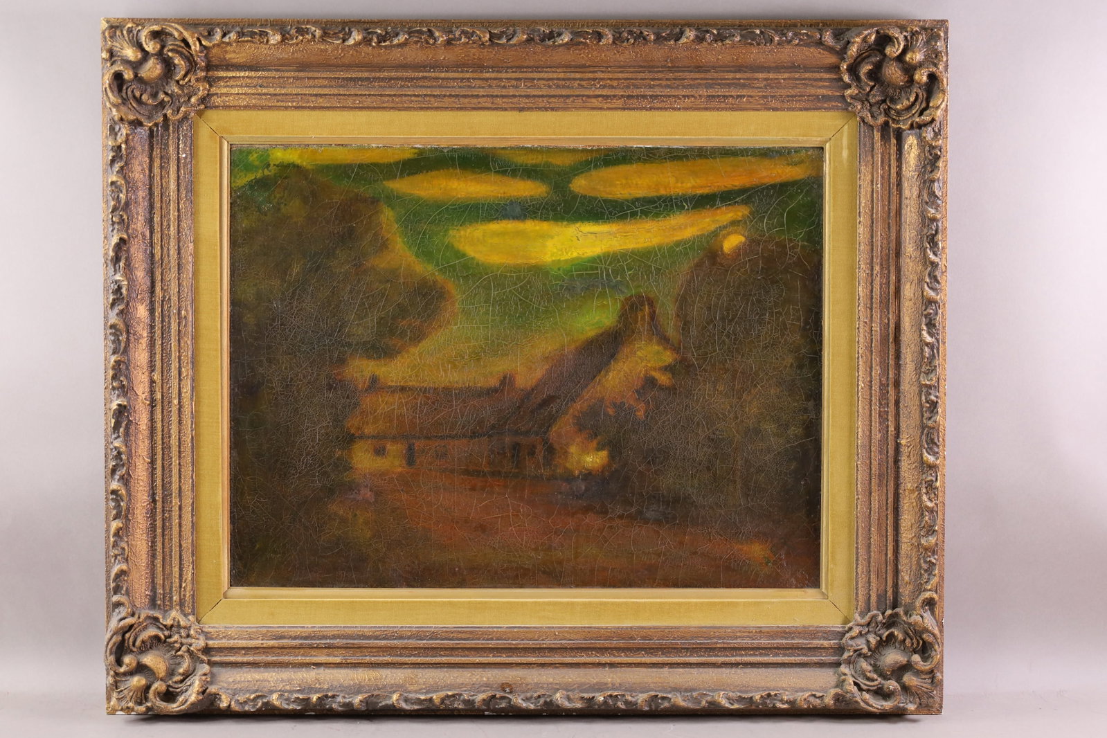ALBERT PINKHAM RYDER OIL PAINTING: OIL ON CANVAS, SIGNED LOWER RIGHT, COTTAGE LANDSCAPE PAINTING, HEAVILY CRAZED, RELINED. REPAIRS. WITH OLD GALLERY LABEL. THE WORK IS OFFERED FROM A PRIVATE COLLECTION AND IS UNACCOMPANIED BY