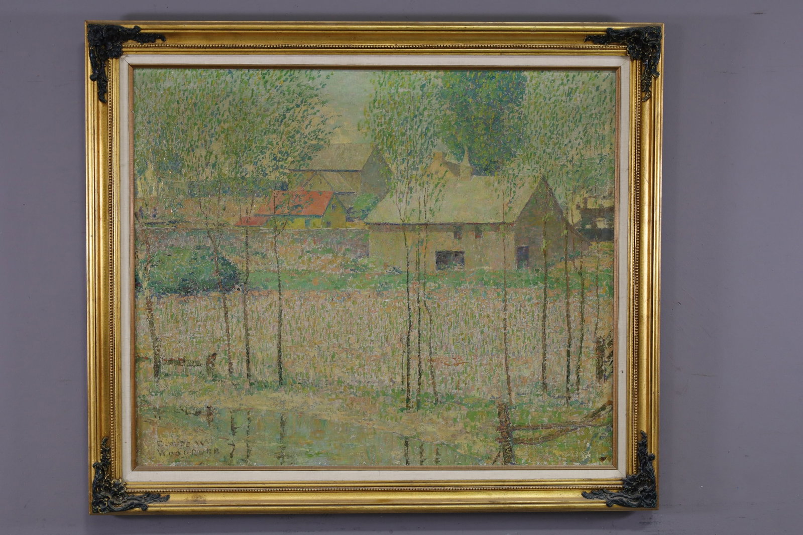 CLAUDE WALLACE WOODRUFF OIL PAINTING: LARGE OIL ON CANVAS, SIGNED LOWER LEFT, BARN SCENE OIL PAINTING. OLD REPAIR TO CENTER RIGHT. 36" W x 30" IMAGE SIZE / 42 1/2" x 36 1/2" IN FRAME. THIS ITEM EXCEEDS SIZE LIMITATIONS FOR IN HOUSE