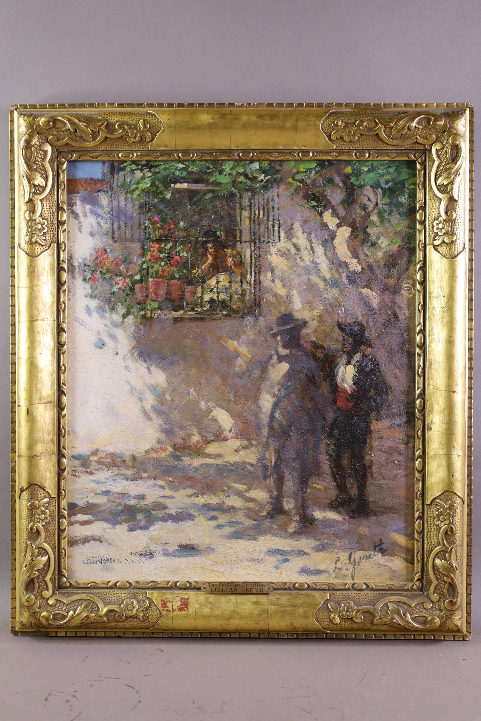 LILLIAN MATHILDE GENTH OIL PAINTING: OIL ON CANVAS, SIGNED LOWER RIGHT, TITLED THE CASTILLAN FLIRTATION. OLD GRAND CENTRAL ART GALLERIES LABEL ON REVERSE. 15" x 18" IMAGE SIZE / 19" x 22" IN FRAME.