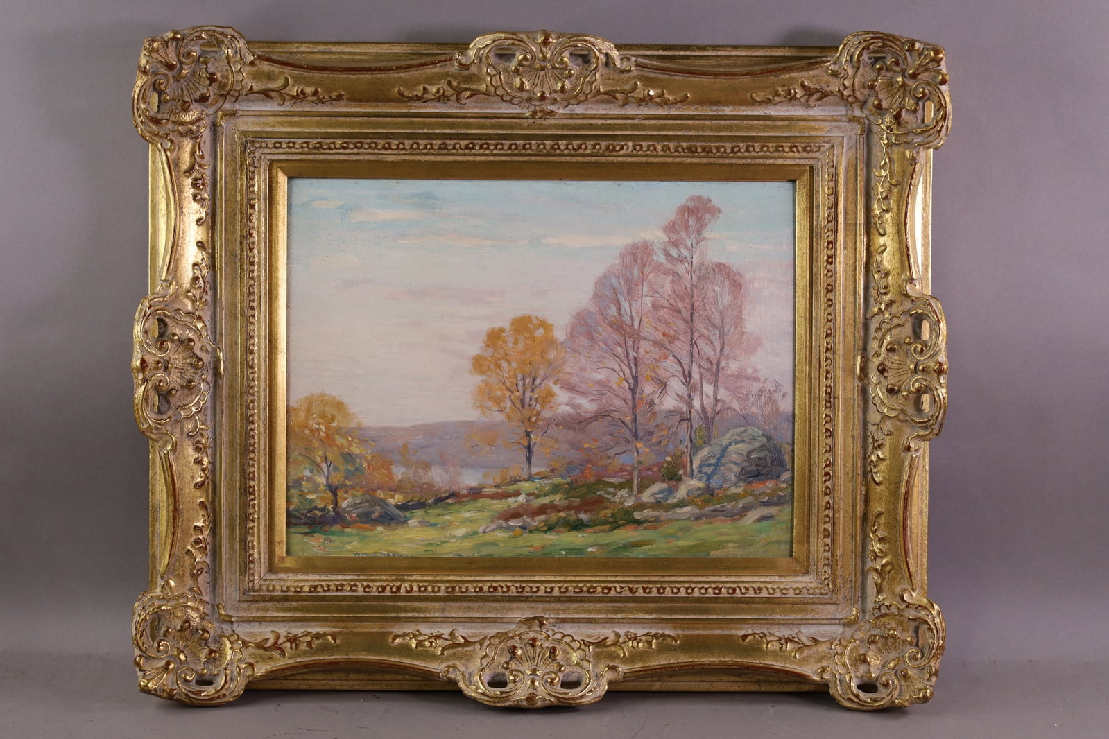 WILLIAM SMITH ROBINSON OIL PAINTING: OIL ON BOARD, SIGNED LOWER LEFT, TITLED OLD LYME - CONN. OCTOBER 1920. 16" x 12" IMAGE SIZE / 24" x 20" IN FRAME. THE WORK IS OFFERED FROM A PRIVATE COLLECTION AND IS UNACCOMPANIED BY AUTHENTICATION