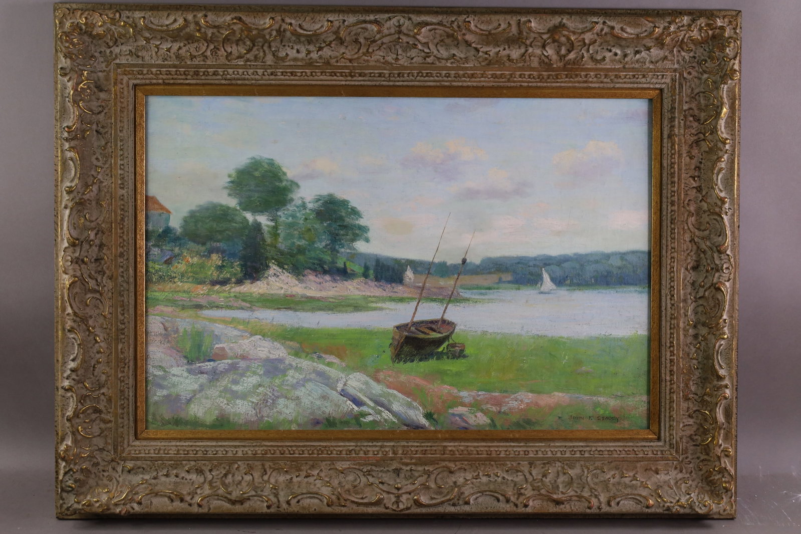 JOHN FRANKLIN STACEY OIL PAINTING: OIL ON BOARD, SIGNED LOWER RIGHT, LAKE SCENE OIL PAINTING. OLD RELINE. 16" x 24" IMAGE SIZE / 31 1/2" x 24" IN FRAME. THE WORK IS OFFERED FROM A PRIVATE COLLECTION AND IS UNACCOMPANIED BY