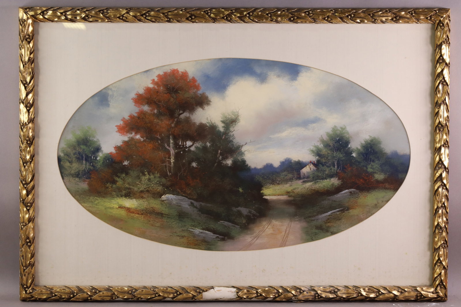 LEON CROLL PASTEL PAINTING: LARGE PASTEL ON PAPER, FRAMED UNDER GLASS, LARGE CHIP TO FRAME. 31" x 17" IMAGE SIZE / 38" x 26" IN FRAME THE WORK IS OFFERED FROM A PRIVATE COLLECTION AND IS UNACCOMPANIED BY AUTHENTICATION PAPERS