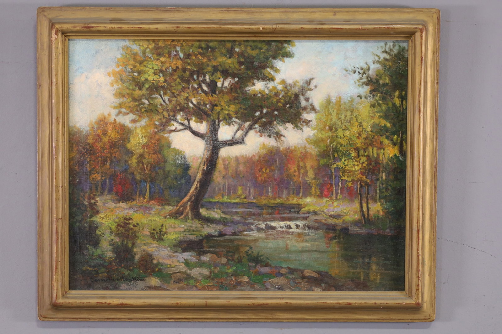 CORNELIUS HALY HANKINS OIL PAINTING: OIL ON CANVAS, SIGNED LOWER LEFT, AUTUMN LANDSCAPE PAINTING. 24" x 18" IMAGE SIZE / 28" x 22" IN FRAME, THE WORK IS OFFERED FROM A PRIVATE COLLECTION AND IS UNACCOMPANIED BY AUTHENTICATION PAPERS OR