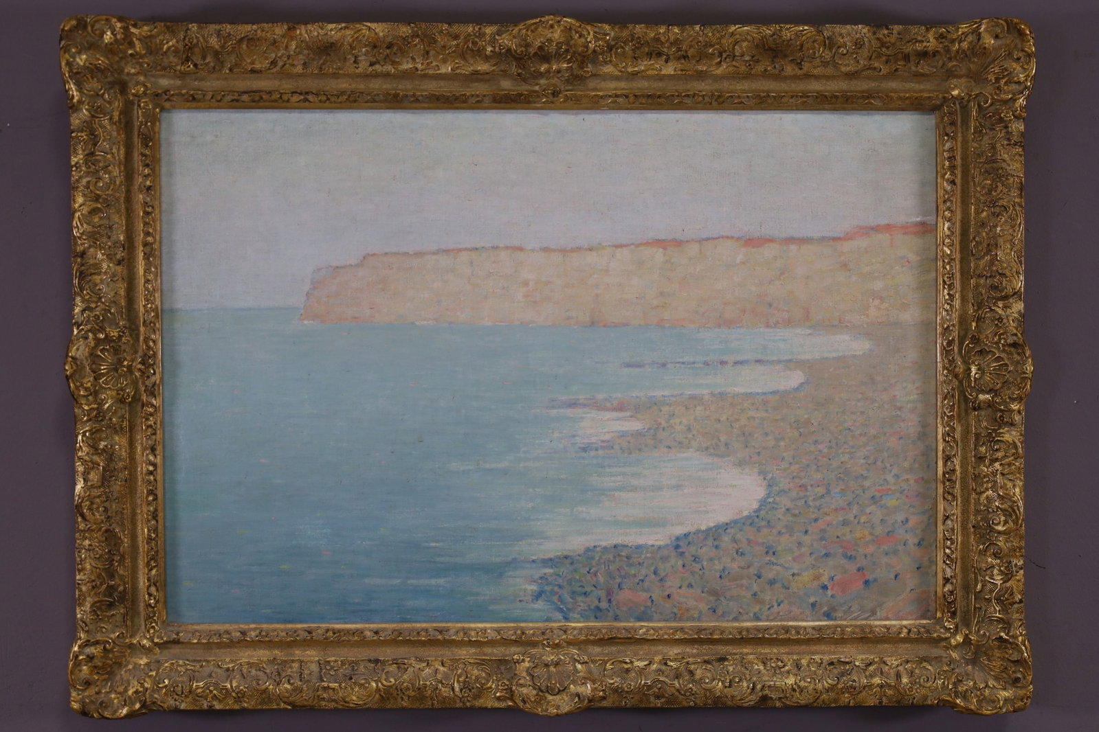 LARGE SEASCAPE OIL PAINTING: OIL ON CANVAS, UNSIGNED. SEASCAPE IN GILT FRAME. OLD RELINE. 30" x 20" IMAGE SIZE / 36" x 26" IN FRAME.