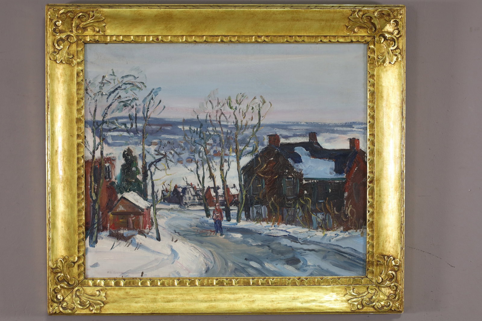 WALTER EMERSON BAUM OIL PAINTING: OIL ON BOARD, SIGNED LOWER LEFT, WINTER LANDSCAPE OIL PAINTING. 24" x 21" IMAGE SIZE / 29 1/2" x 25 1/2" IN FRAME. THE WORK IS OFFERED FROM A PRIVATE COLLECTION AND IS UNACCOMPANIED BY AUTHENTICATION