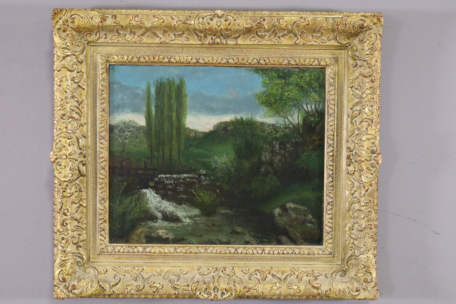 RIVER SCENE OIL PAINTING: OIL ON CANVAS, SIGNED LOWER RIGHT, ILELGIBLE. RELINED. WAX IMPORT SEAL ON BACK. 18" x 15" IMAGE SIZE / 26 1/2" x 23 1/2" IN FRAME.