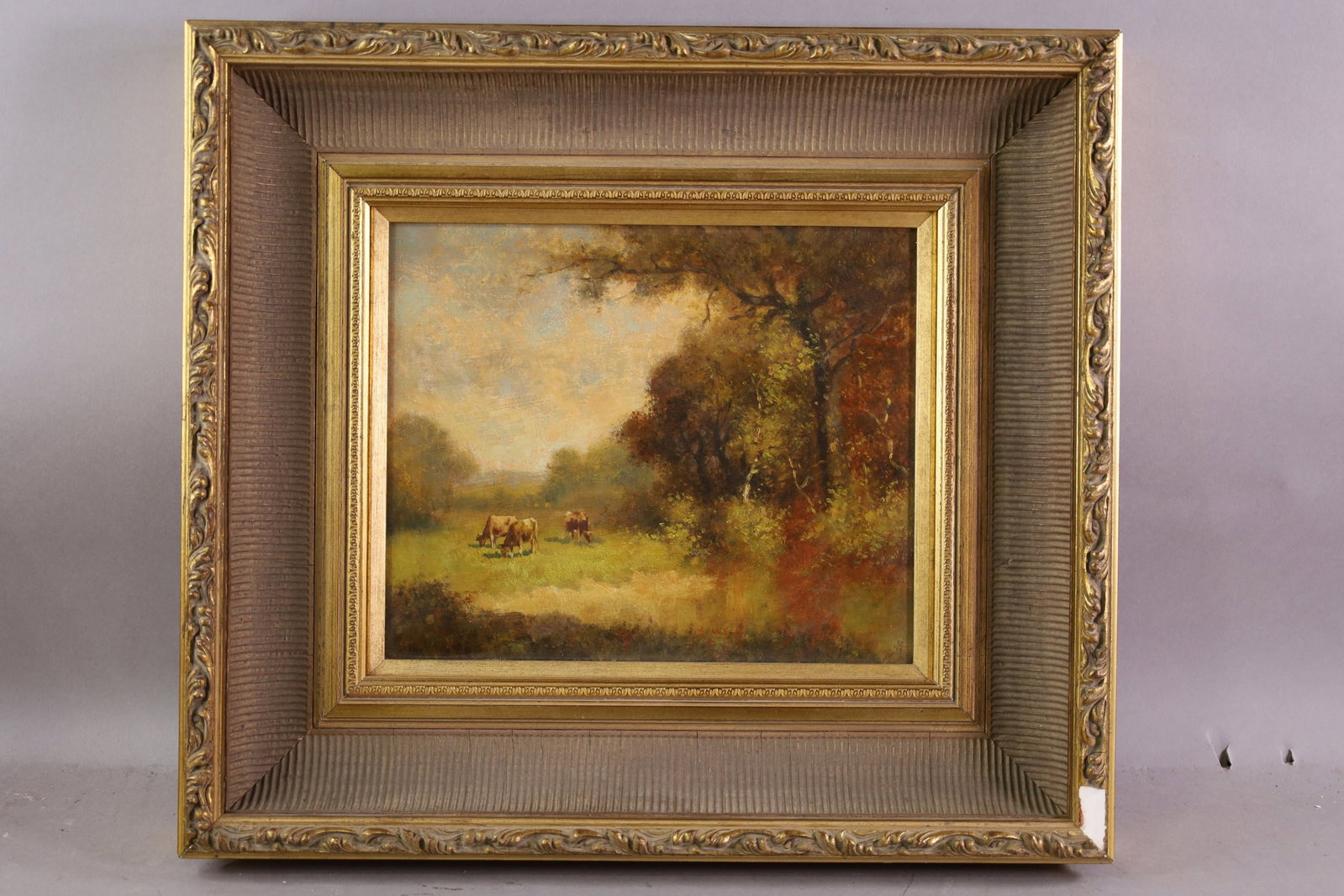 JAMES MCDOUGAL HART OIL PAINTING: OIL ON BOARD, SIGNED LOWER LEFT, PASTORAL SCENE OIL PAINTING. HAS DAMAGE TO FRAME. 12" x 10" IMAGE SIZE / 19" x 17" IN FRAME. THE WORK IS OFFERED FROM A PRIVATE COLLECTION AND IS UNACCOMPANIED BY