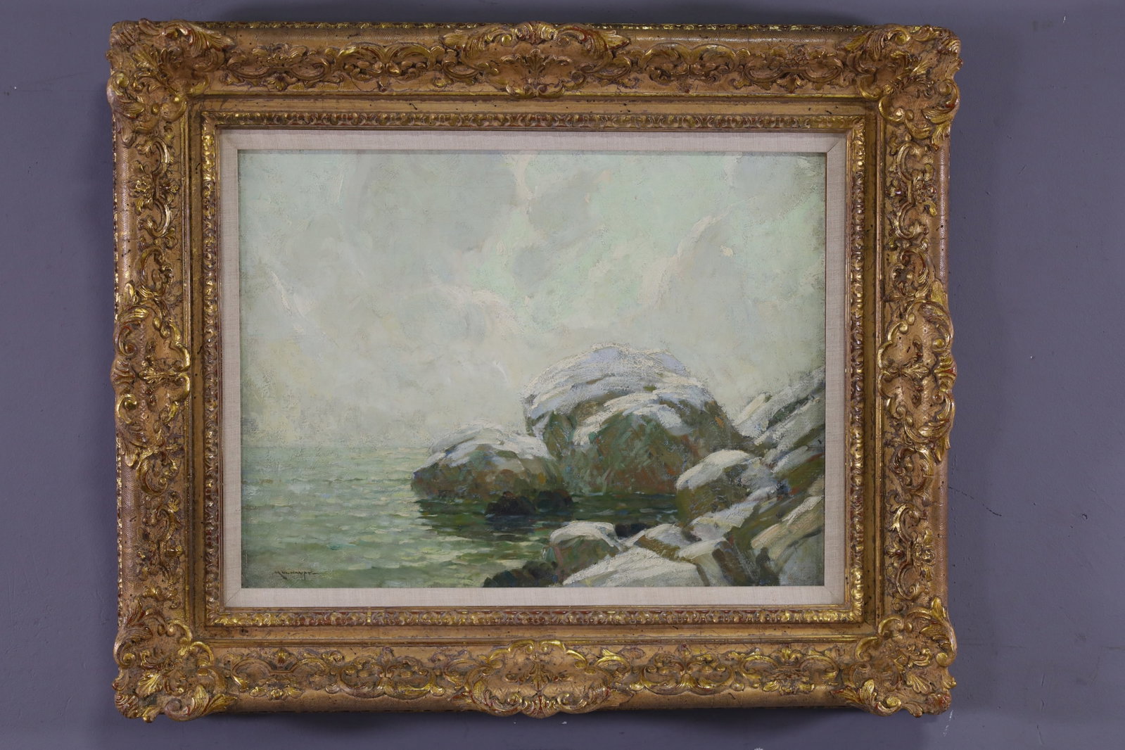 FREDERICK MULHAUPT OIL PAINTING: OIL ON CANVAS, SIGNED LOWER LEFT, ROCKY SEASCAPE OIL PAINTING. TOUCH UP TOP LEFT AND CENTER SKY, 24" x 18" IMAGE SIZE / 33" x 27" IN FRAME. THE WORK IS OFFERED FROM A PRIVATE COLLECTION AND IS