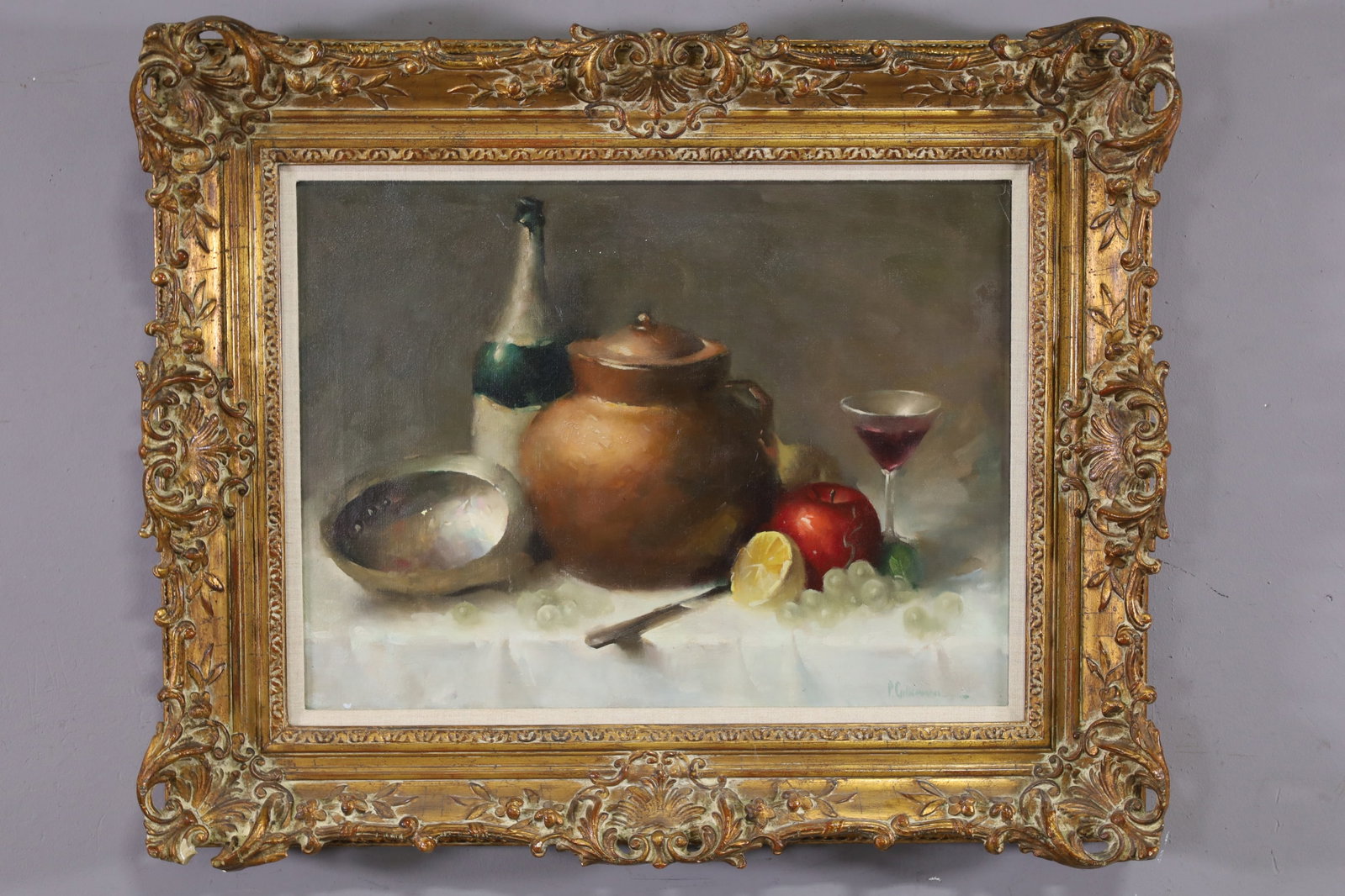 PHIL GILKERSON STILL LIFE OIL PAINTING: OIL ON CANVAS, SIGNED LOWER RIGHT, STILL LIFE OIL PAINTING. AREA OF PAINT LOSS TO LEFT SIDE OF IMAGE, REAPIR TO BOTTLE TOP. 18" x 24" IMAGE SIZE / 33" x 27" IN FRAME. THE WORK IS OFFERED FROM A