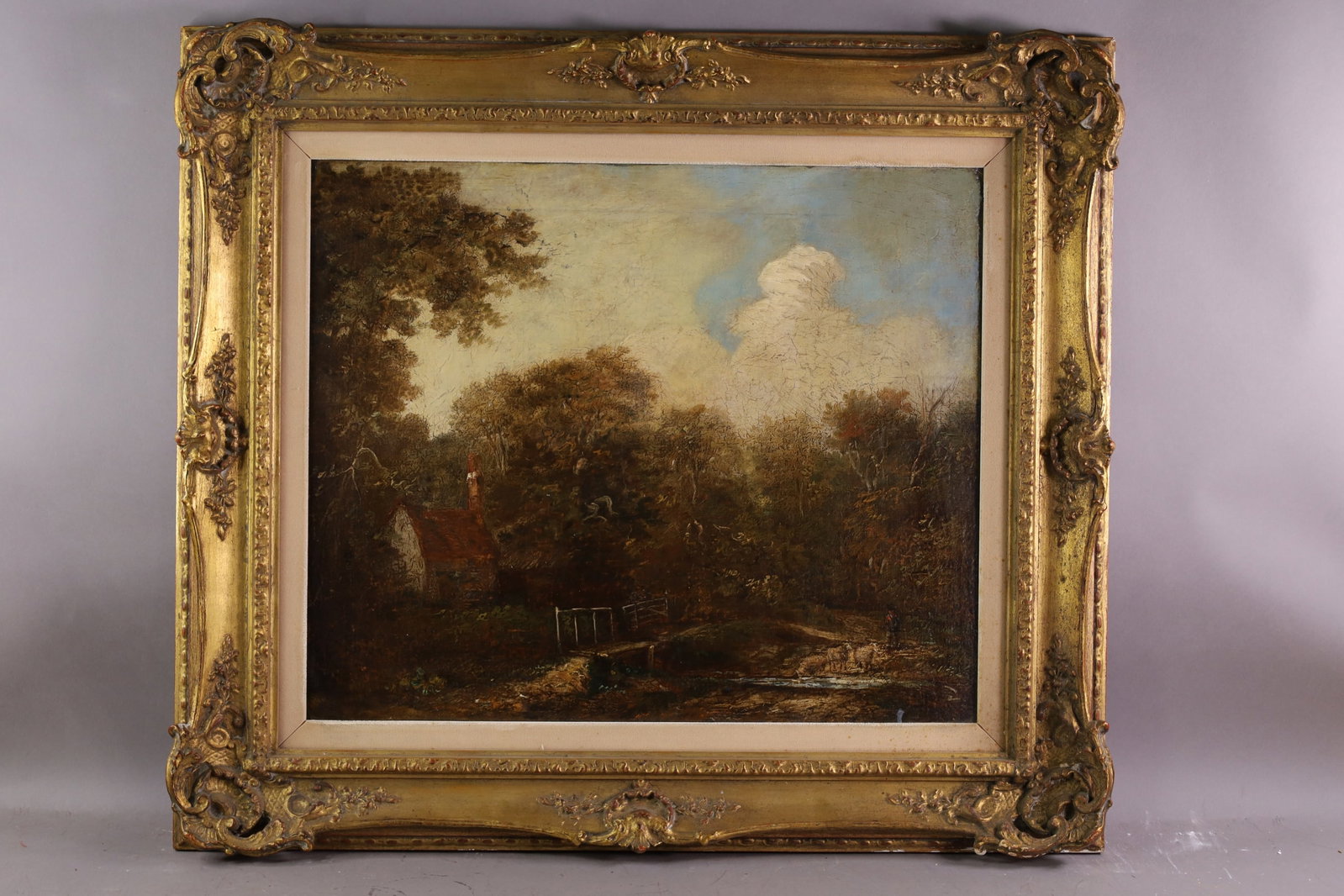 EUROPEAN LANDSCAPE OIL PAINTING: OIL ON CANVAS LAID ON BOARD. UNSIGNED. IN THE STYLE OF JOHN CONSTABLE, EUROPEAN LANDSCAPE PAINTING. THE WORK IS OFFERED FROM A PRIVATE COLLECTION AND IS UNACCOMPANIED BY AUTHENTICATION PAPERS OR