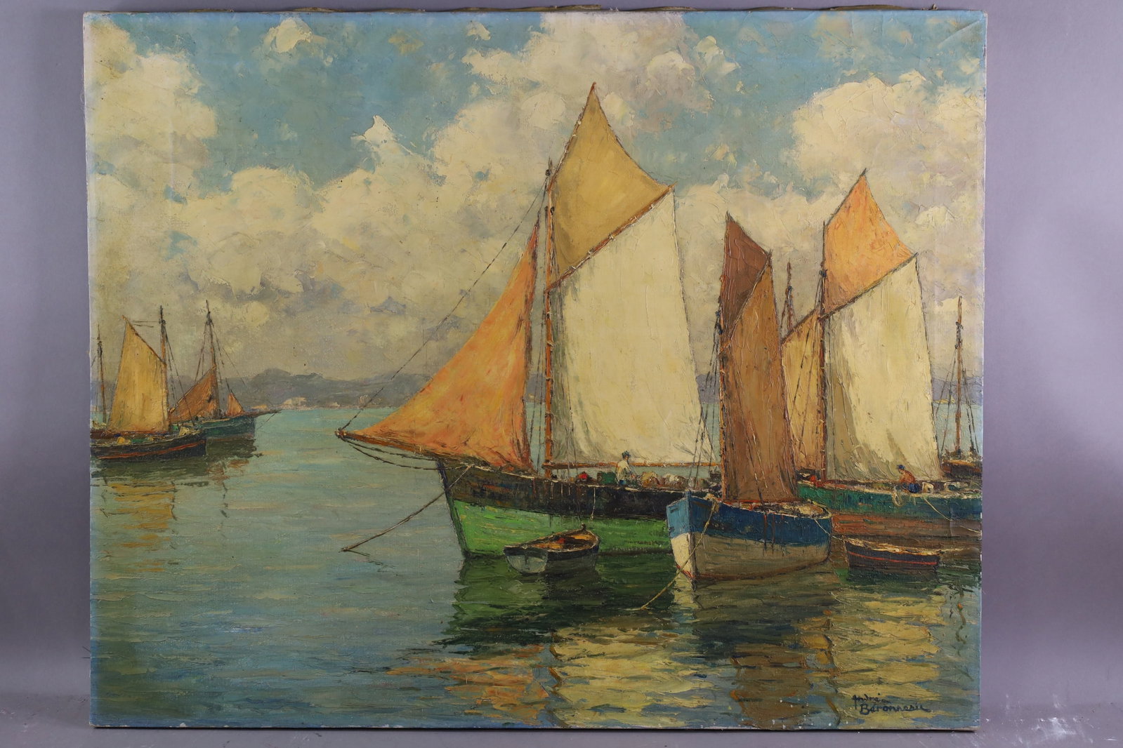 ANDRE BERONNEAU OIL PAINTING: OIL ON CANVAS, SIGNED LOWER RIGHT, UNFRAMED. PORT OF SARDINIERS. TITLED, SIGNED, & NUMBERED ON VERSO. NEEDS CLEANED. 30" x 24" THE WORK IS OFFERED FROM A PRIVATE COLLECTION AND IS UNACCOMPANIED BY