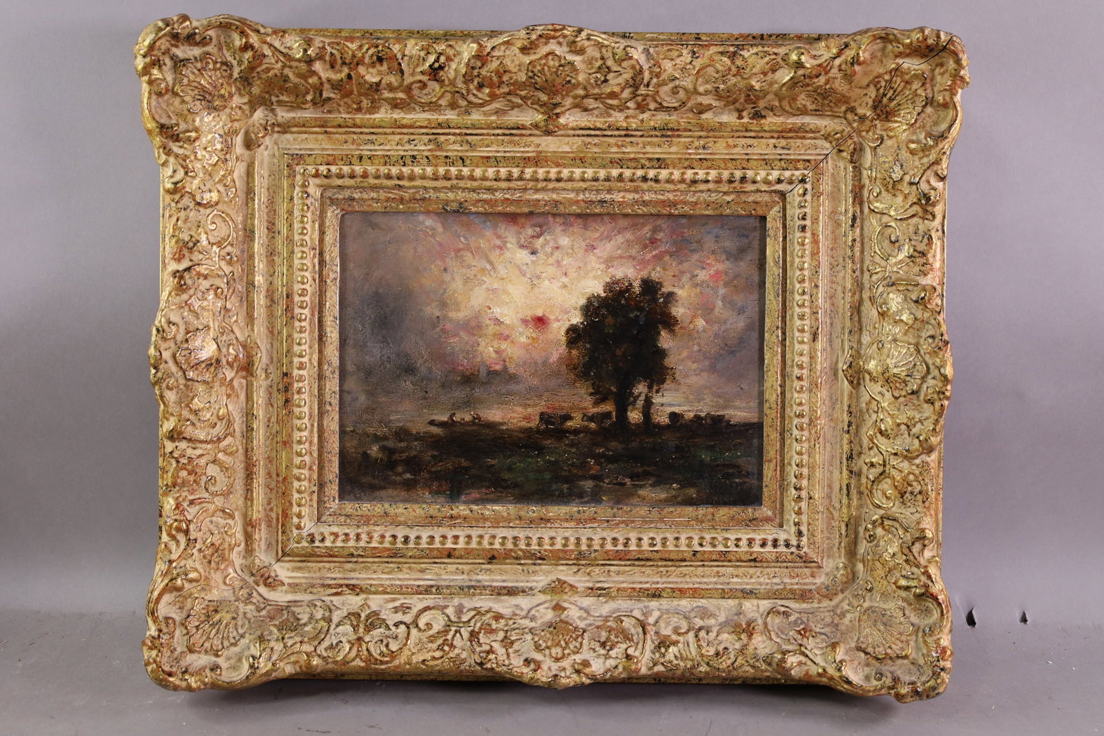 PASTORAL SCENE OIL PAINTING: OIL ON BOARD, SIGNED LOWER RIGHT, ILLEGIBLE, POSSIBLY FELIX ZIEM? 12" x 8" IMAGE SIZE / 20" x 17" IN FRAME. THE WORK IS OFFERED FROM A PRIVATE COLLECTION AND IS UNACCOMPANIED BY AUTHENTICATION PAPERS