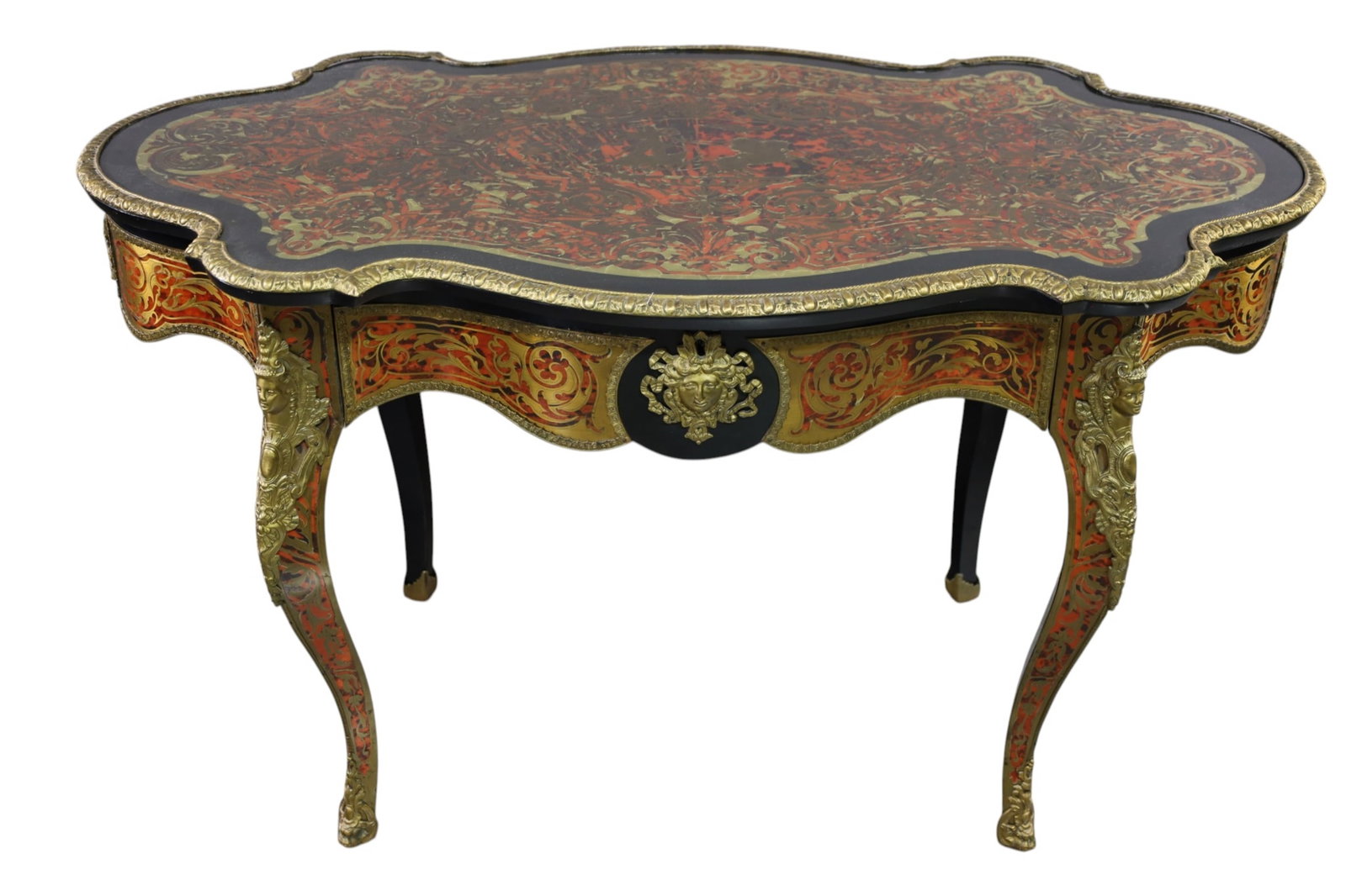 FRENCH BOULLE CENTER TABLE: LARGE FRENCH NAPOLEON III BRASS INLAID, BRONZE MOUNTED CENTER TABLE, FIGURAL MOUNTS. 52" W x 29 1/2" D x 30" H. THIS ITEM EXCEEDS SIZE AND WEIGHT LIMITATIONS FOR IN HOUSE SHIPPING, MUST BE PICKED UP