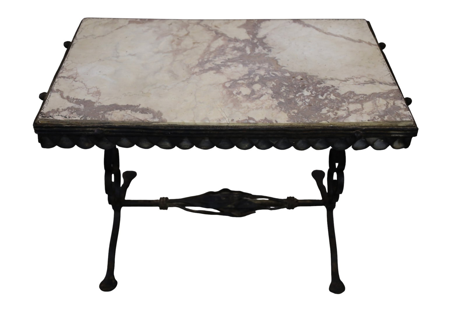 SPANISH IRON SIDE TABLE: IRON BASED SPANISH STYLE PATIO TABLE, FAUX STONE TOP. SOME RUST. 29" L x 19" W x 20" H. THIS ITEM EXCEEDS SIZE AND WEIGHT LIMITATIONS FOR IN HOUSE SHIPPING, MUST BE PICKED UP IN HOUSE OR SHIPPED VIA 3