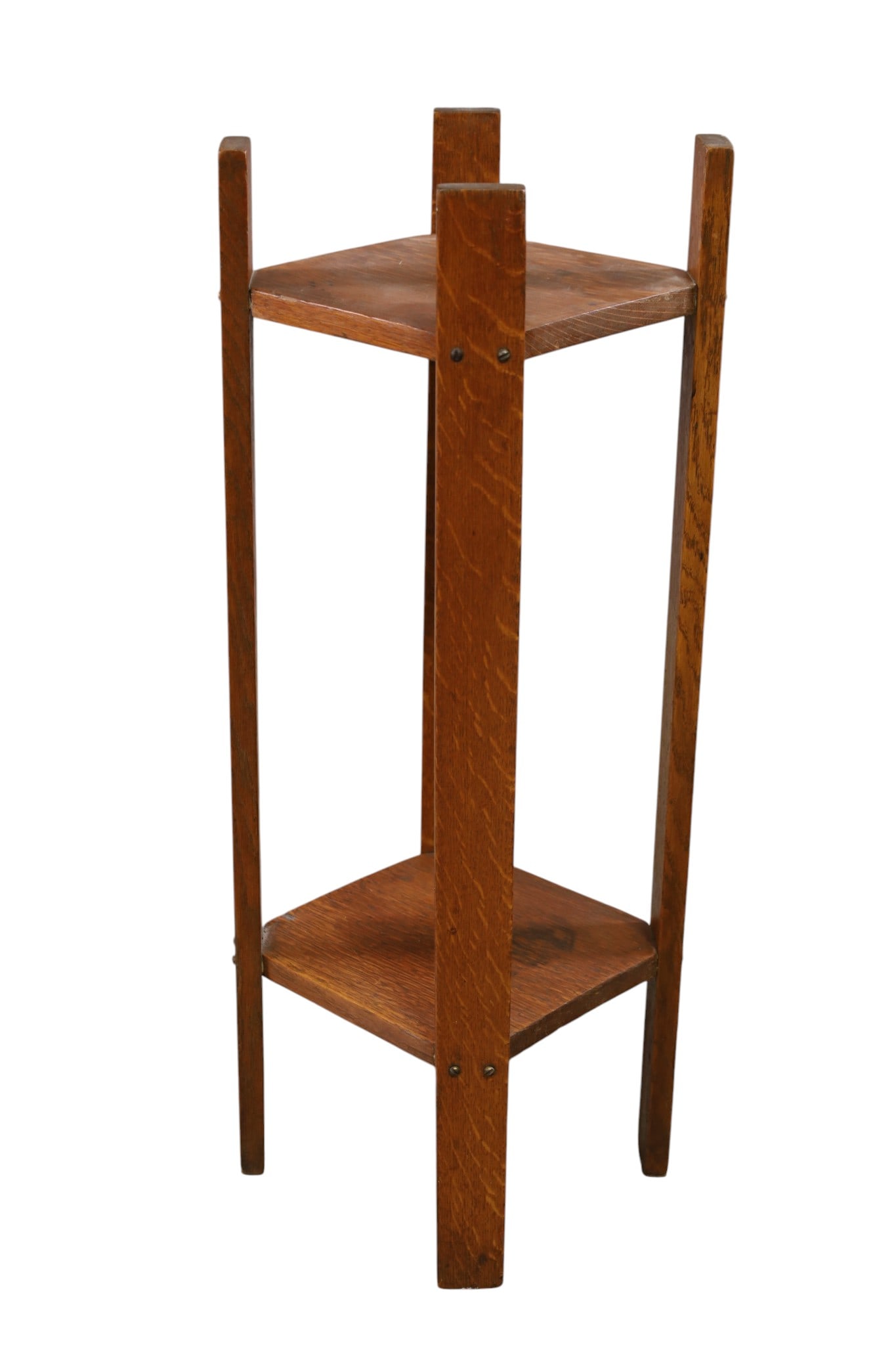 ARTS & CRAFTS STAND: TWO TIER OAK ARTS & CRAFTS STAND, 13" X 13" X 32" H. THIS ITEM EXCEEDS SIZE AND WEIGHT LIMITATIONS FOR IN HOUSE SHIPPING, MUST BE PICKED UP IN HOUSE OR SHIPPED VIA 3rd PARTY GROUND SHIPPER.