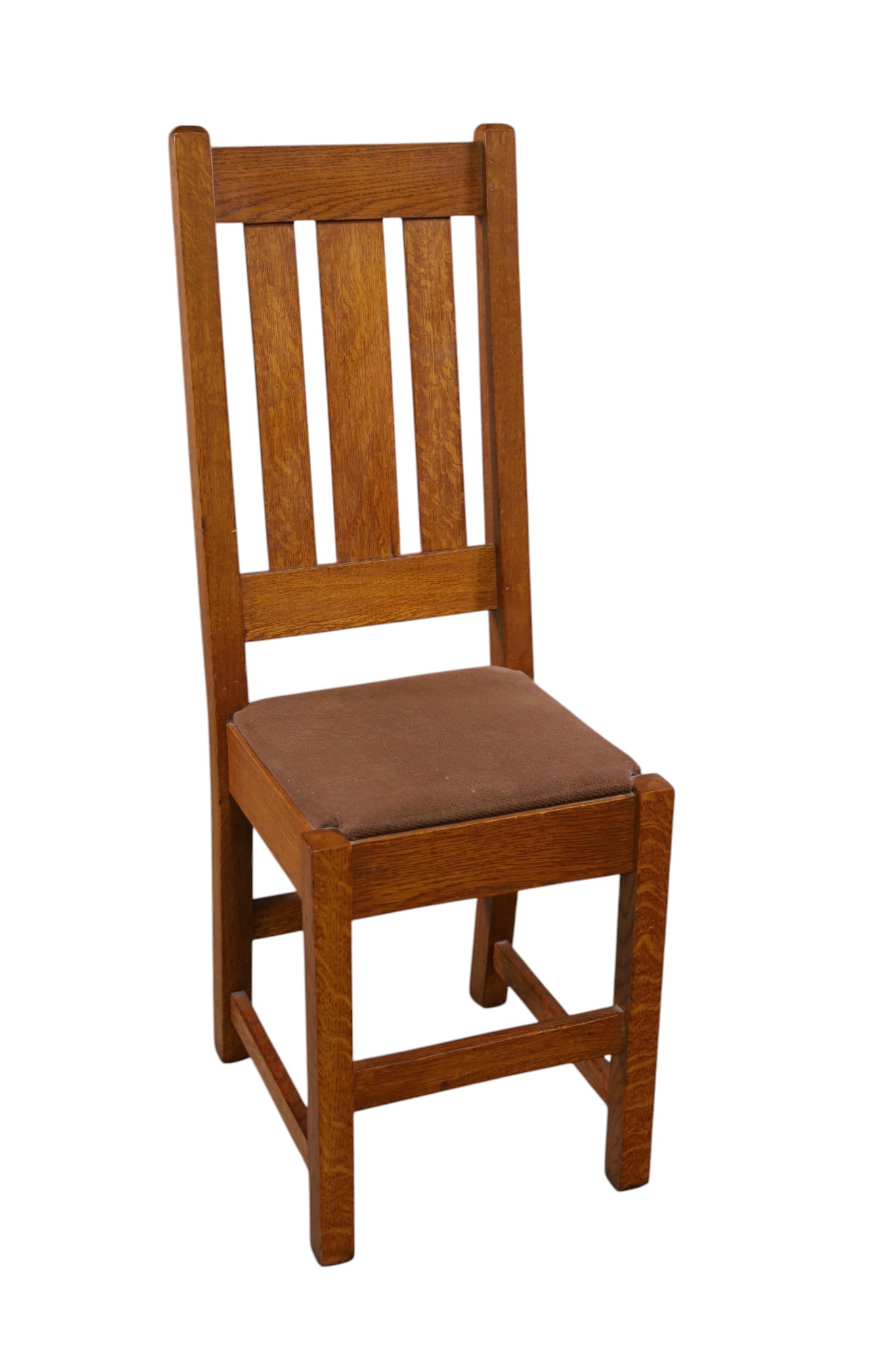 ARTS & CRAFTS SIDE CHAIR: SLAT BACK ARTS & CRAFTS SIDE CHAIR IN THE STYLE OF STICKLEY, 15" W x 15" D x 43" H. THIS ITEM EXCEEDS SIZE AND WEIGHT LIMITATIONS FOR IN HOUSE SHIPPING, MUST BE PICKED UP IN HOUSE OR SHIPPED VIA 3rd