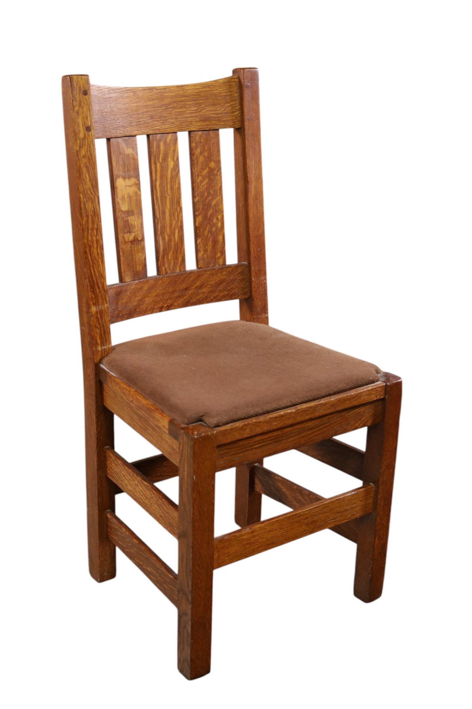 ARTS & CRAFTS SIDE CHAIR: OAK, ARTS & CRAFTS SIDE CHAIR, ATTRIBUTED TO L&JG. 18" W x 16" D x 37" H. THIS ITEM EXCEEDS SIZE AND WEIGHT LIMITATIONS FOR IN HOUSE SHIPPING, MUST BE PICKED UP IN HOUSE OR SHIPPED VIA 3rd PARTY