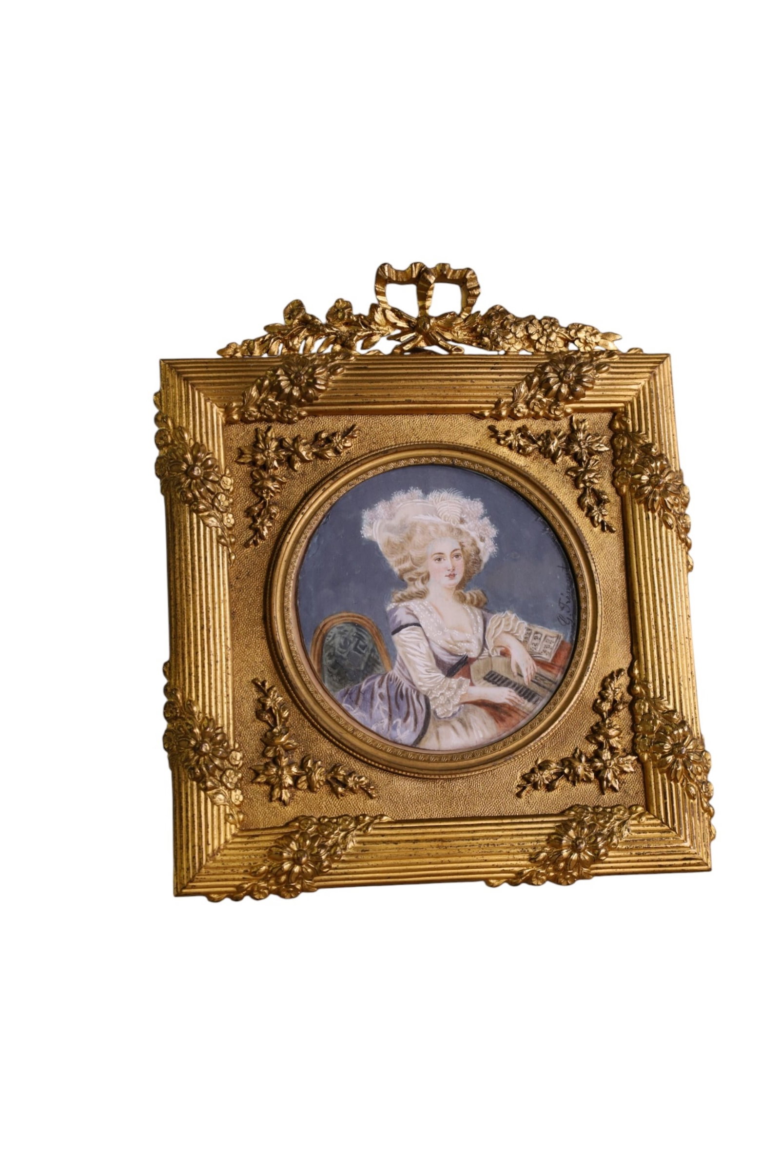 MINIATURE PAINTING IN FRAME: MINIATURE PAINTING, SIGNED G. FREMONT IN GILT FRAME, EASLE BACK. 7" H.