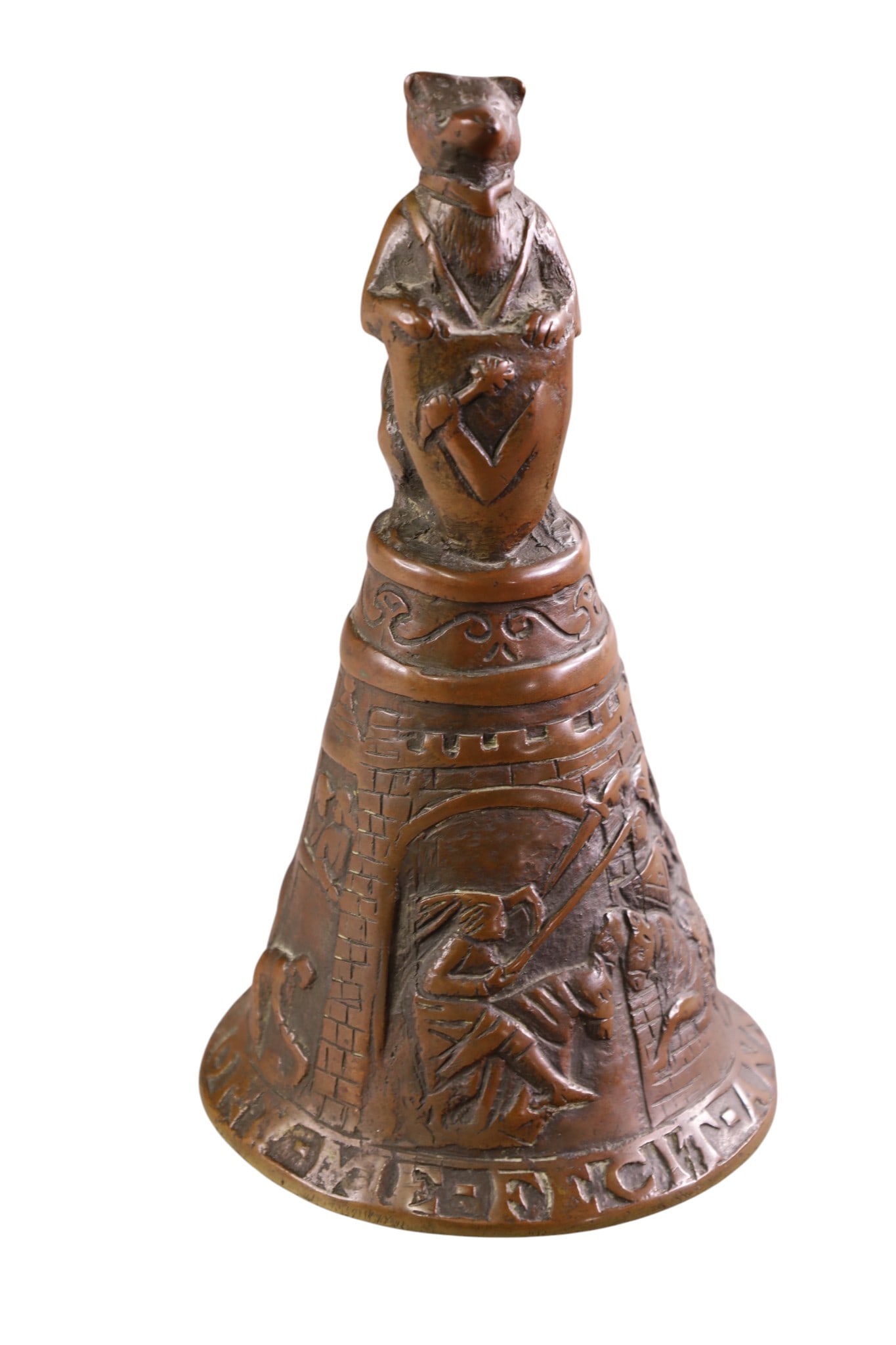 BRONZE BELL: ORNATE BRONZE BELL, BELL WITH BEAR AT TOP. 9" H.