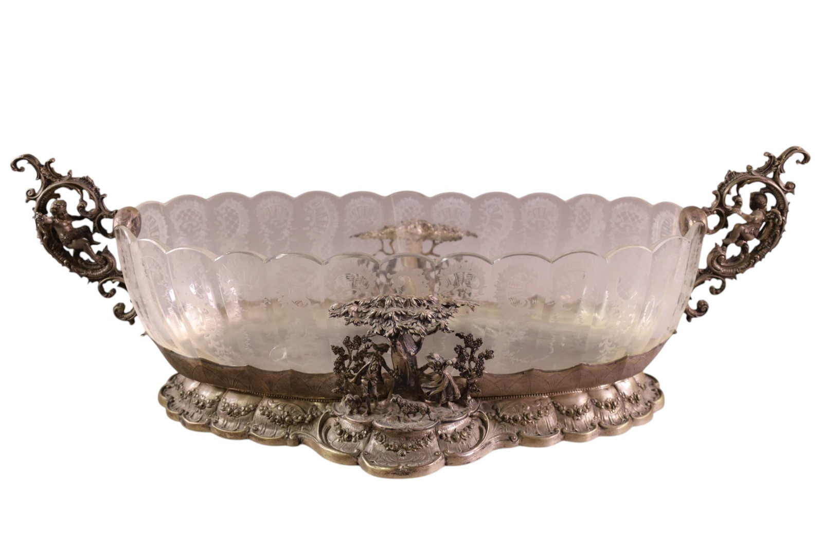 800 SILVER CENTER PIECE: LARGE FIGURAL 800 SILVER CENTER PIECE WITH ETCHED GLASS BOWL INSERT, (AS IS). APPROX 2000 GRAMS. 26" L