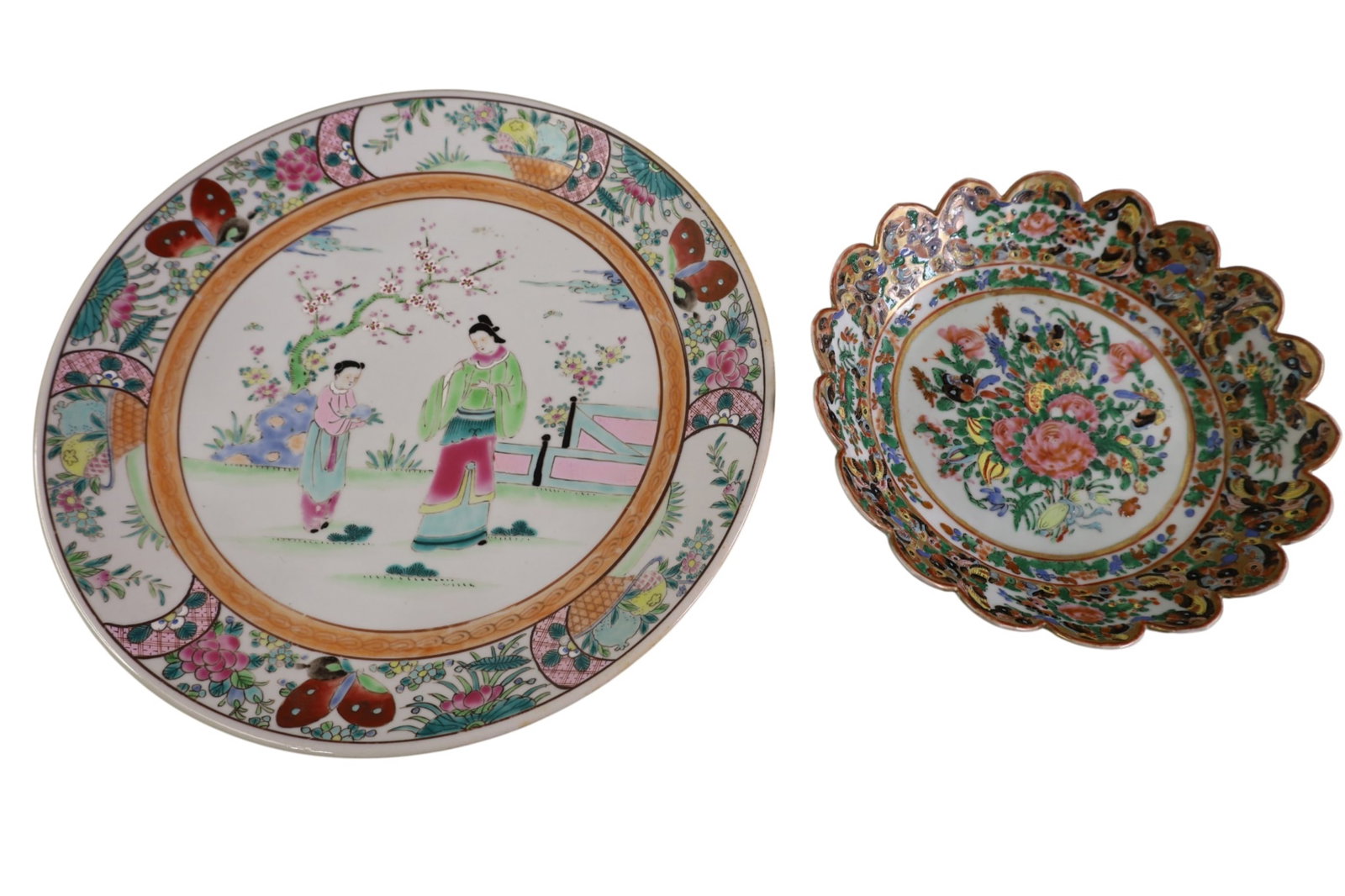 2 PIECES OF ASIAN PORCELAIN: JAPANESE PORCELAIN PLATTER, 19th C FAMILLE ROSE. 13" DIAM. & SMALL PORCELAIN BOWL. THOUSAND BUTTERFLY PATTERN. HAS CRACKS. 9" W.