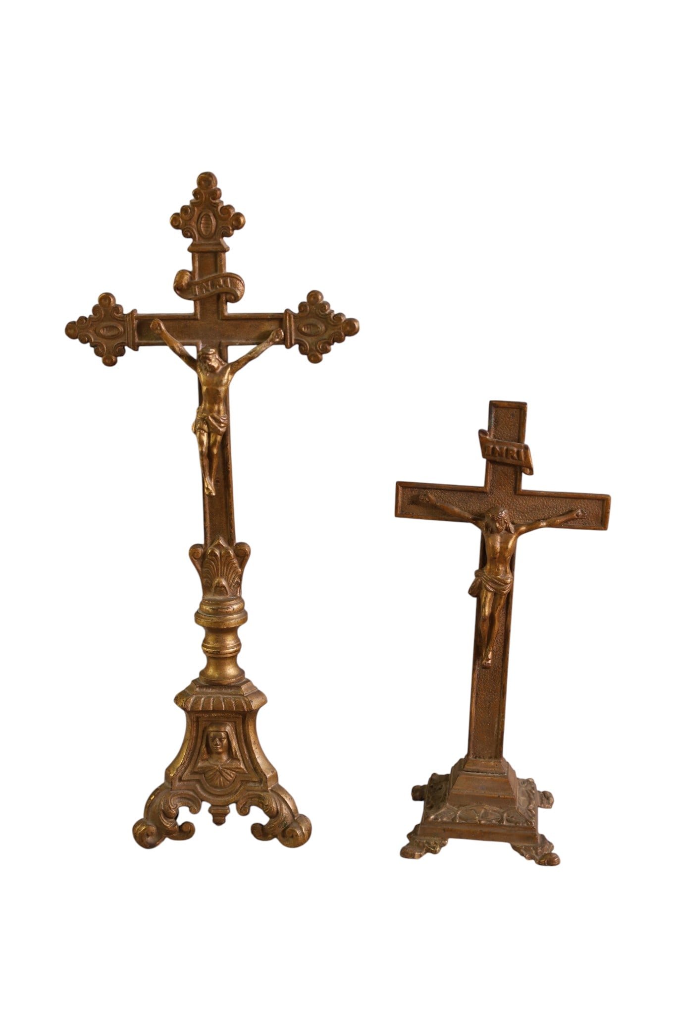 2 METAL CRUCIFIXES: 2 ORNATE METAL CRUCIFIXES. 13" & 9" H.