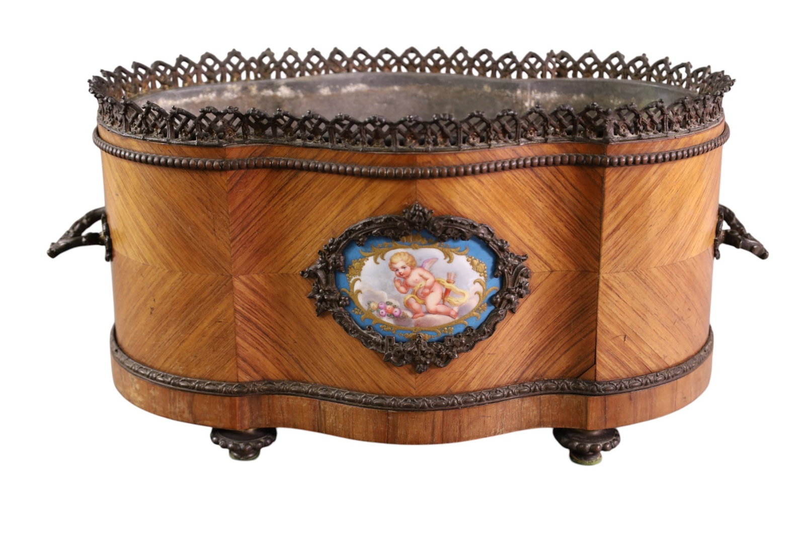 19th C FRENCH JARDINIERE: BURLED AND FOOTED NAPOLEON II MARQUETRY VENEER, WITH SEVRES PORCELAIN PLAQUE JARDINIERE. 16" W x 8 H.