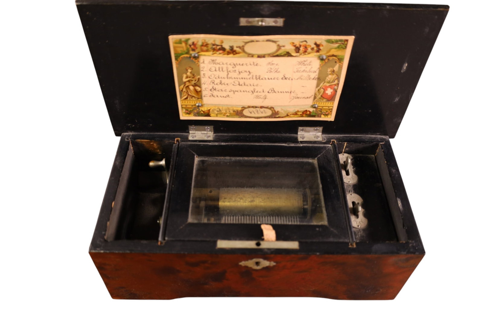 SWISS MUSIC BOX: SMALL SWISS MUSIC BOX, SINGLE COMB, 6 SONG. INLAID CASE. NON WORKING. 11 1/2" W x 4 1/2" H.