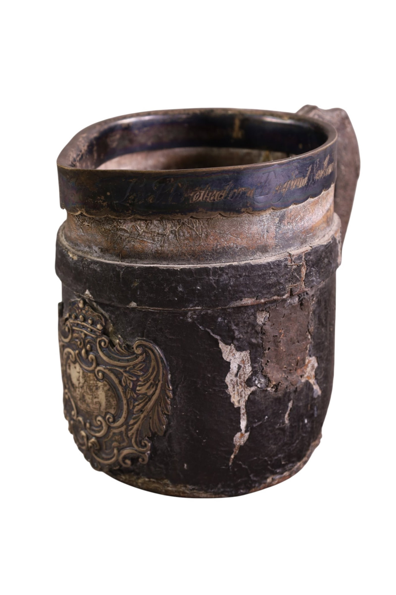 17th C BLACKJACK MUG: 17th C ENGLISH LEATHER AND SILVER BANDED TOP AND CREST. ESCRIBED OLIVER CROMWELL. HOLE TO BASE. 8" H.