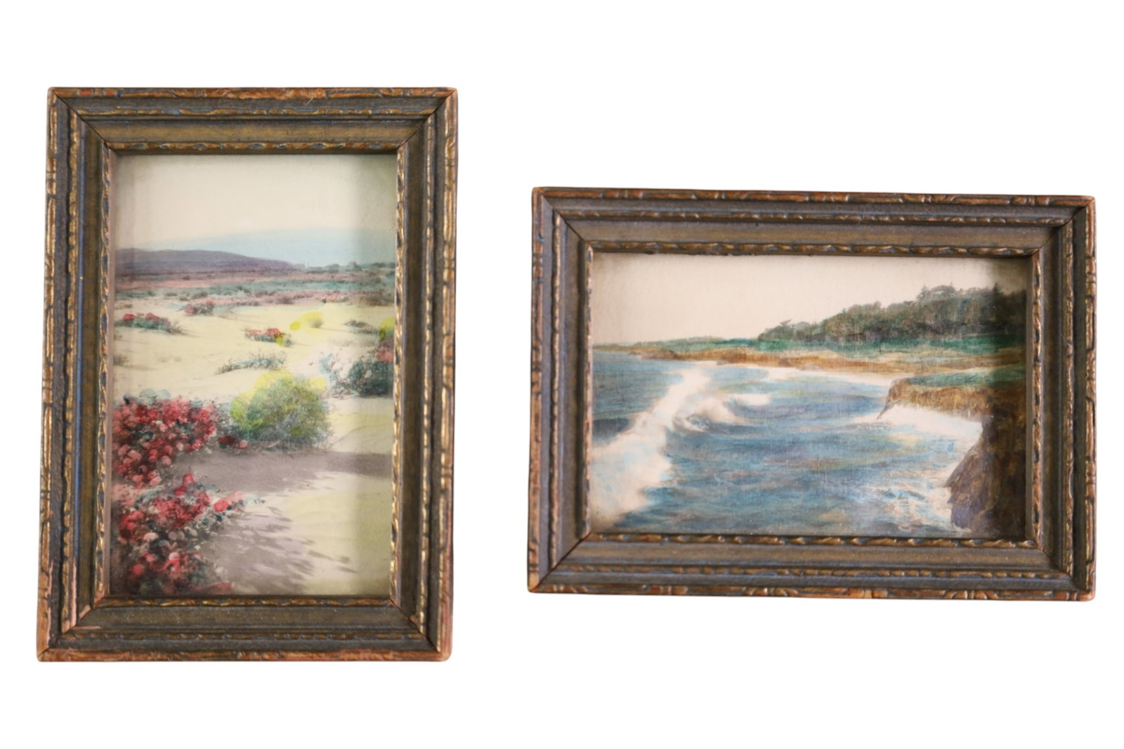 PAIR OF MINIATURE WATERCOLORS: ARIZONA DESERT & LAGUNA BEACH. FRAMED MINIATURE WATERCOLORS. 3 1/2" x 2 1/2"