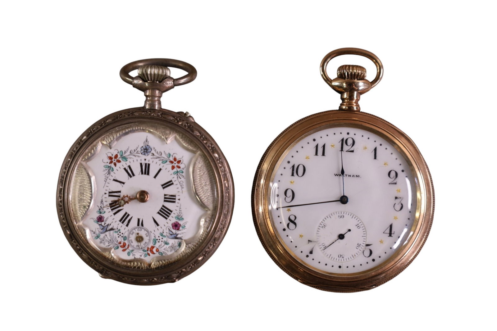 2 POCKET WATCHES: SILVER LADIES POCKET WATCH WITH PAINTED DIAL, & WALTHAM GOLD PLATED 21 JEWEL POCKET WATCH, ALL WATCHES ARE SOLD AS IS, UNSERVICED.