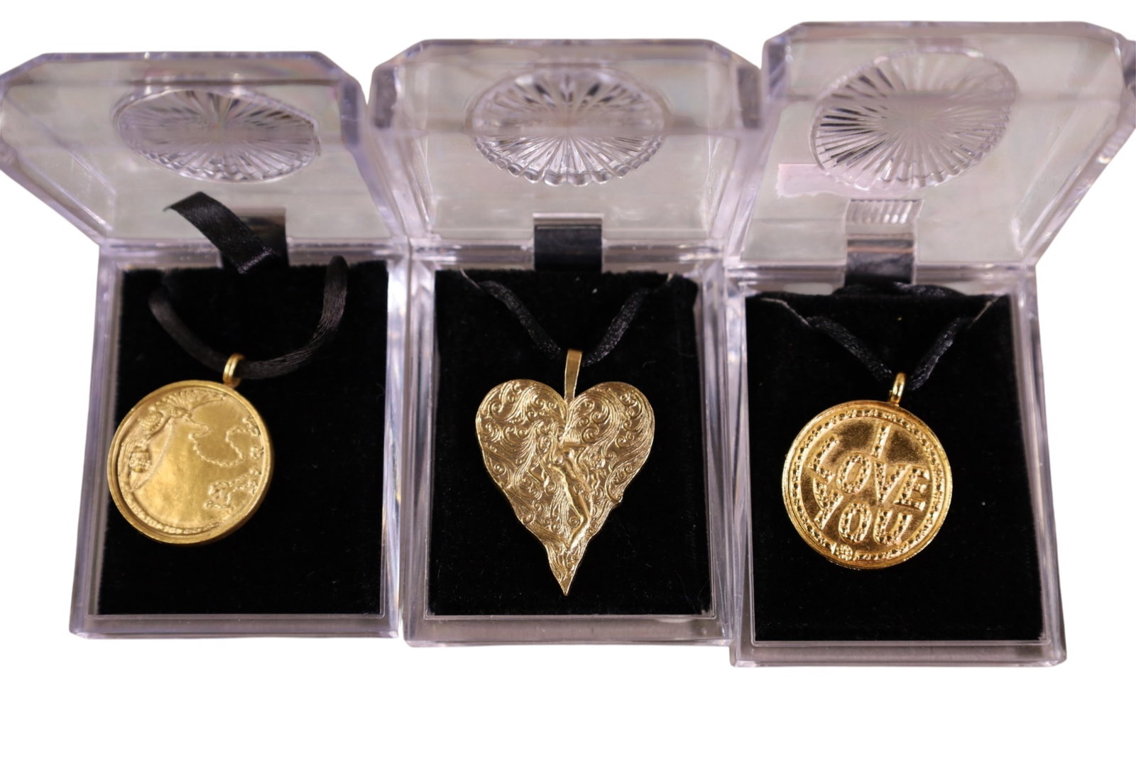 3 ERTE PENDANTS: 3 SMALL ERTE PENDANTS. GOLD PLATED PENDANTS. 1 1/2" L