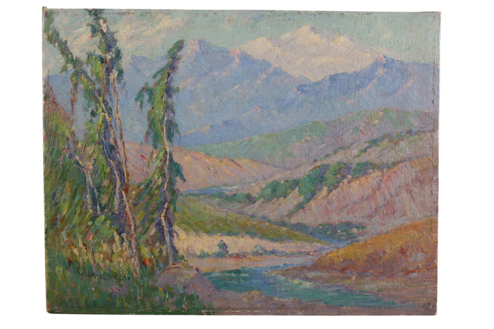 CALIFORNIA LANDSCAPE: UNFRAMED CALIFORNIA LANDSCAPE, NONA WHITE, SOPHRONIA LOUISE "NONA" WHITE. TITLED IN SILENT PLACES ON VERSO. 18" x 14"