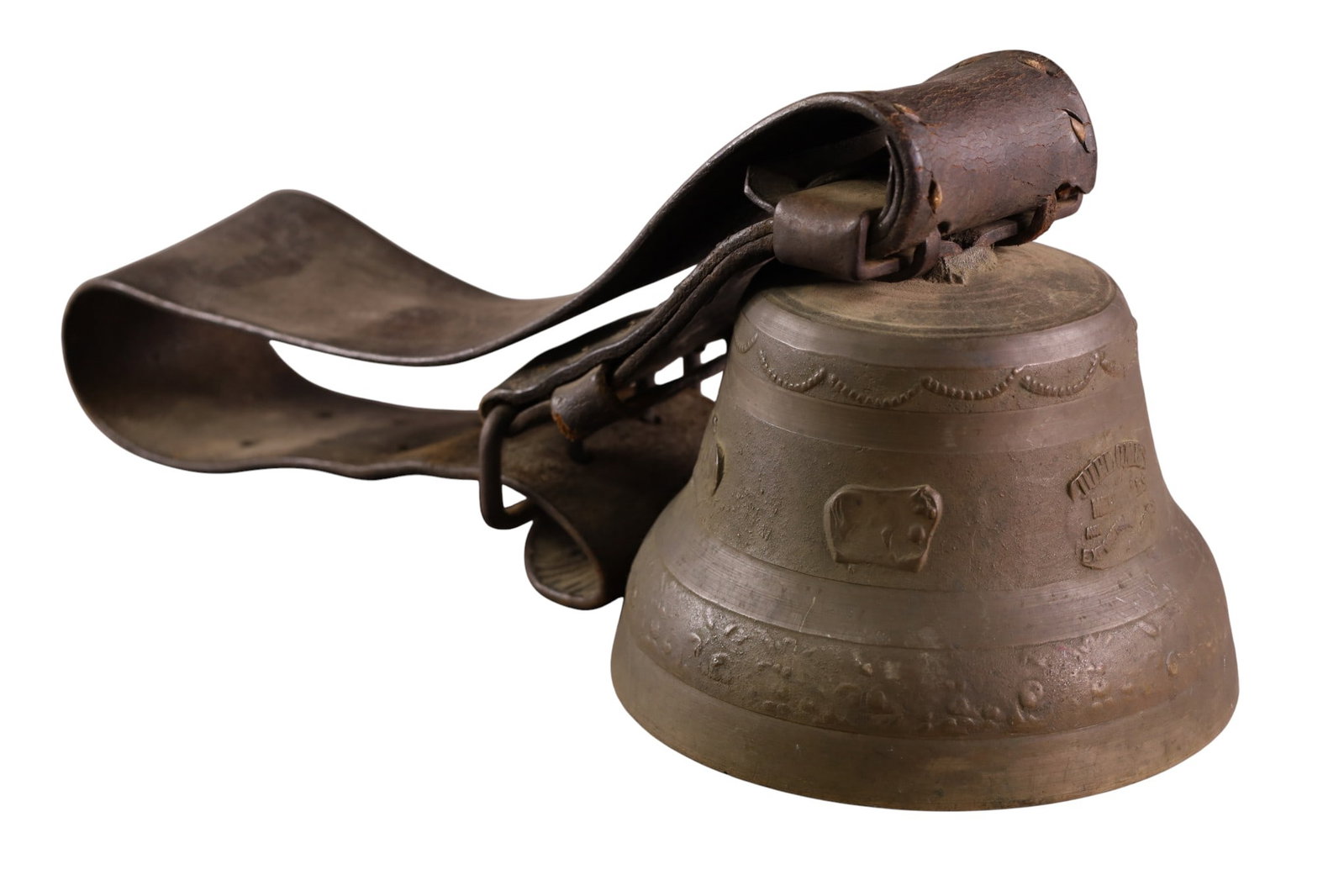 SWISS COW BELL: LARGE ANTIQUE SWISS COW BELL, MARKED DIPLOMES VIGLINO. WITH CLAPPER. 8" DIAM x 16" L.