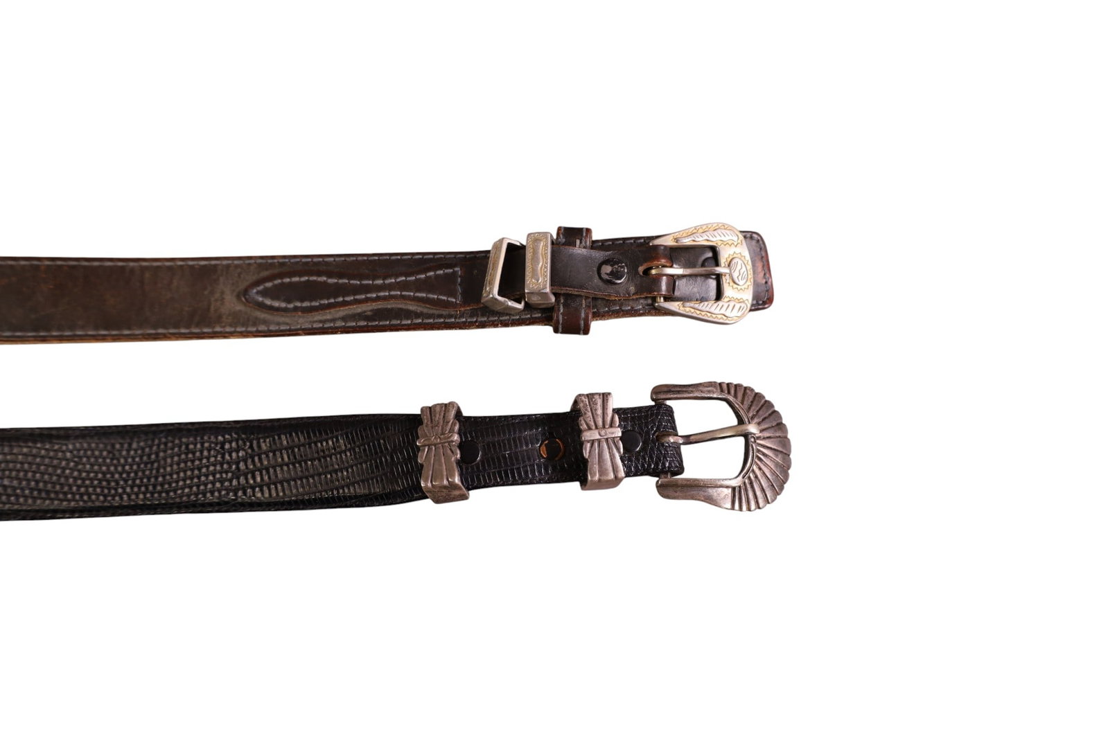 2 ANTIQUE BELTS: WITH SILVER BUCKLES AND CLASPS. 46" L & 50" L.