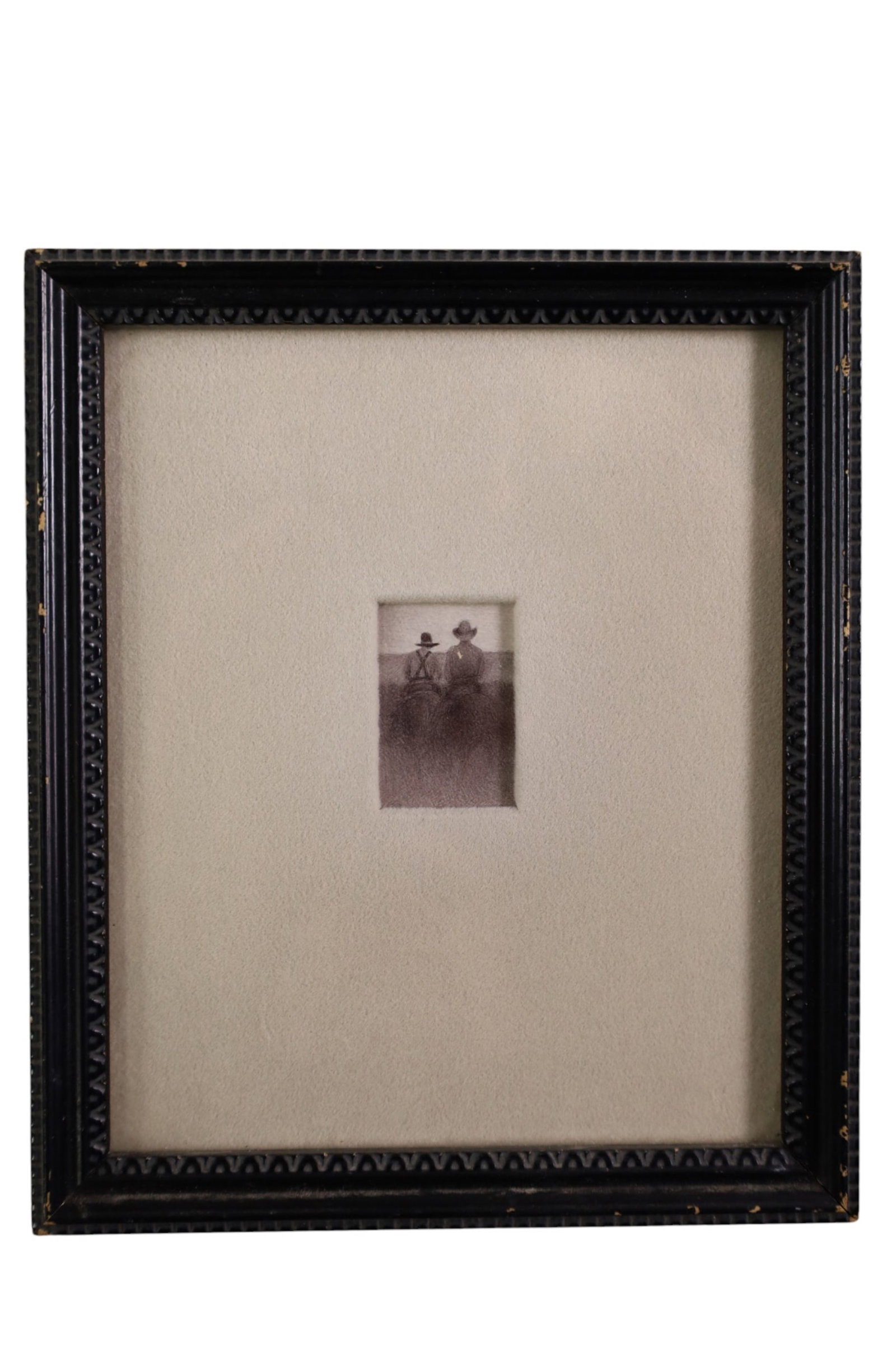 LESLIE ROBIN WATERCOLOR: SMALL FRAMED WATERCOLOR, TITLED TWO RIDERS. 1 1/2" x 1" IMAGE SIZE / 6" x 5" IN FRAME.