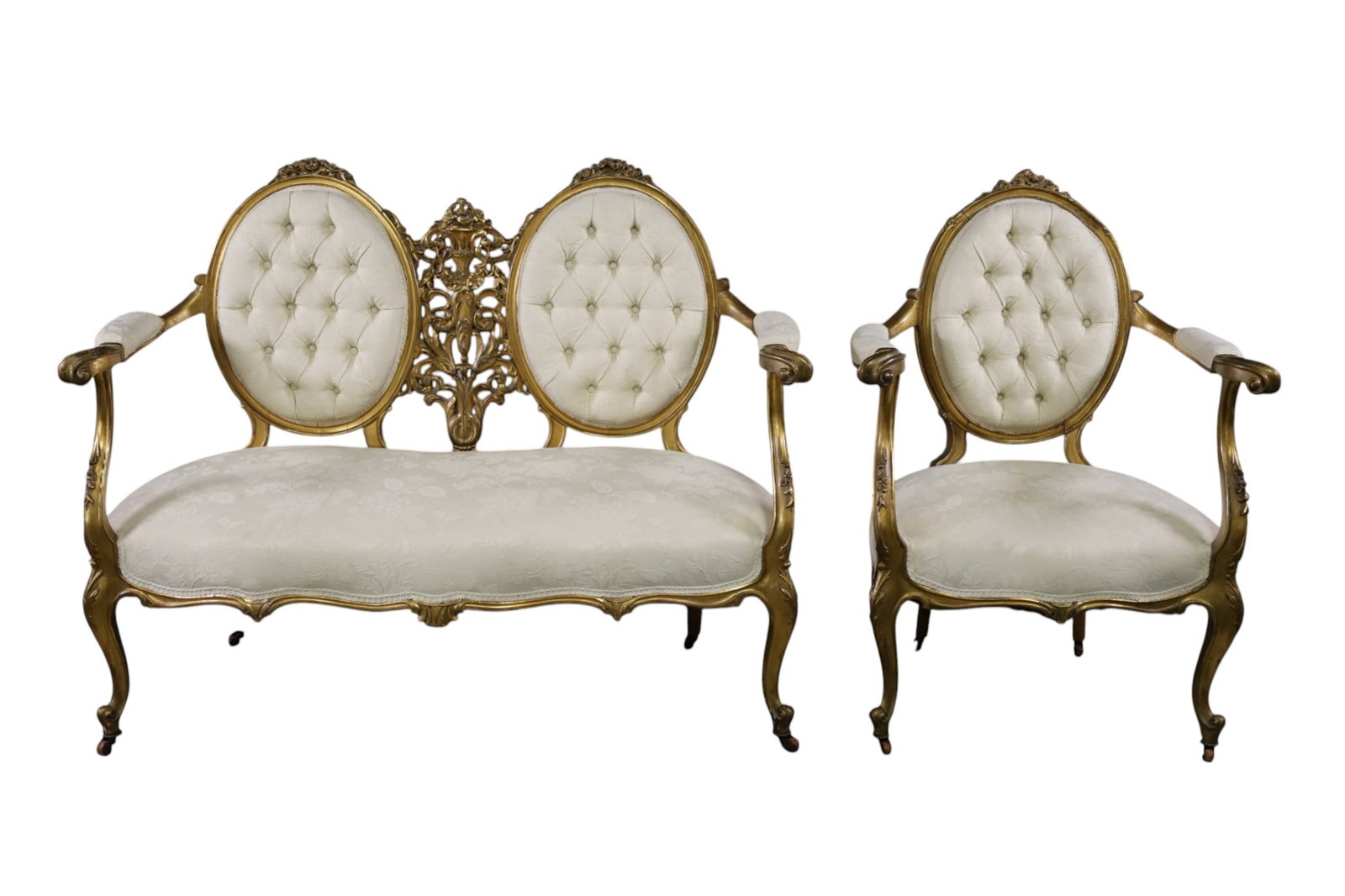 2 PIECE FRENCH ROCOCCO PARLOR SET: GOLD GILT FRENCH ROCOCCO PARLOR SET, SETTEE & ARM CHAIR. NEWLY REUPHOLSTERED. MISSING SMALL PIECE OF TRIM ON SETTEE.28" W x 24" D x 37 1/2" CHAIR & 50" W x 24" D x 38" H. SETTEE, THIS ITEM EXCEEDS