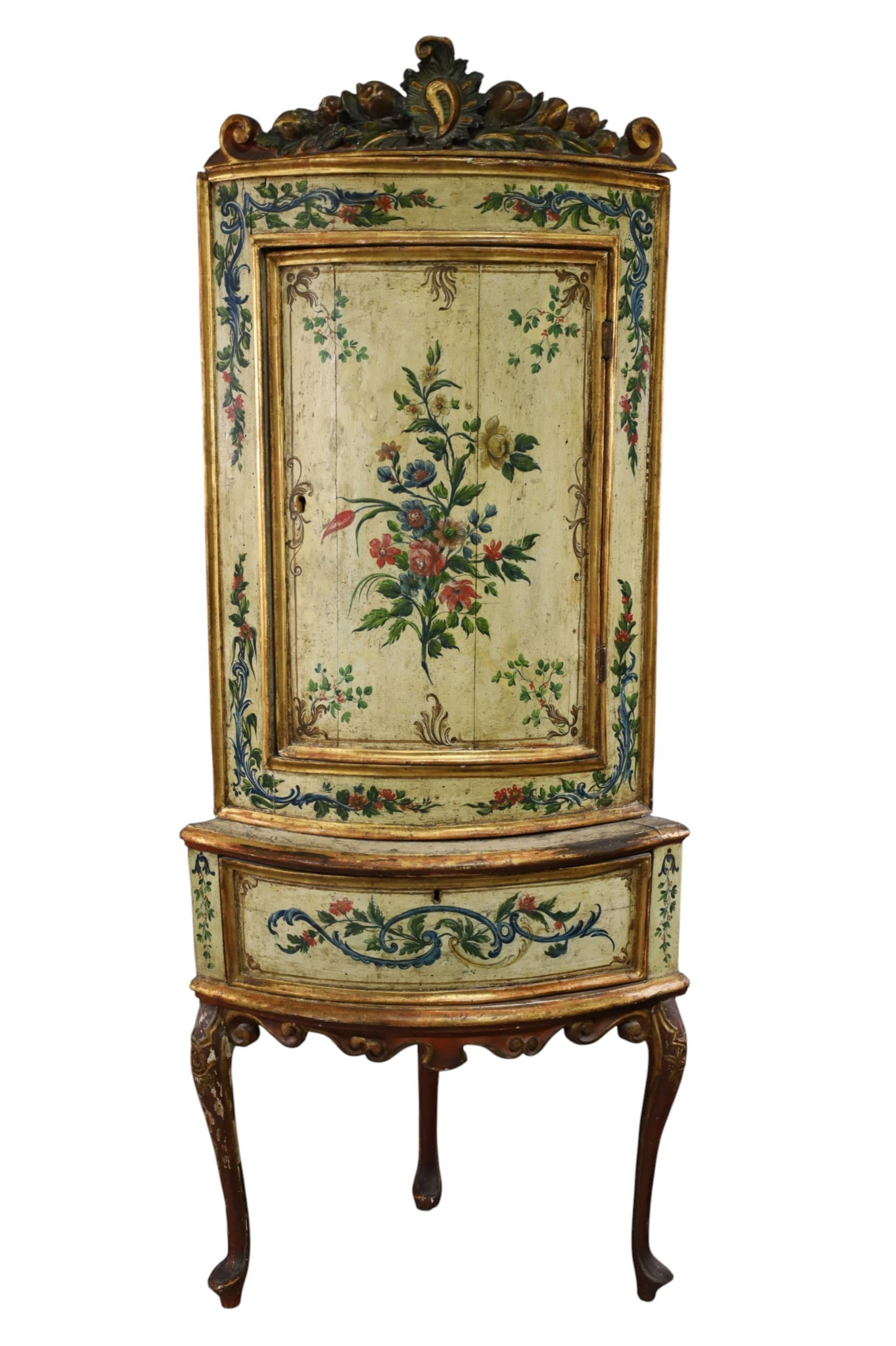 18th C ITALIAN CORNER CABINET: 2 PIECE HAND PAINTED GESSO AND WOOD ITALIAN CORNER CABINET, SINGLE DOOR, LOWER DRAWER. CONDITION IS CONSISTENT WITH AGE. 29" W x 19" D x 71" H. THIS ITEM EXCEEDS SIZE AND WEIGHT LIMITATIONS FOR IN