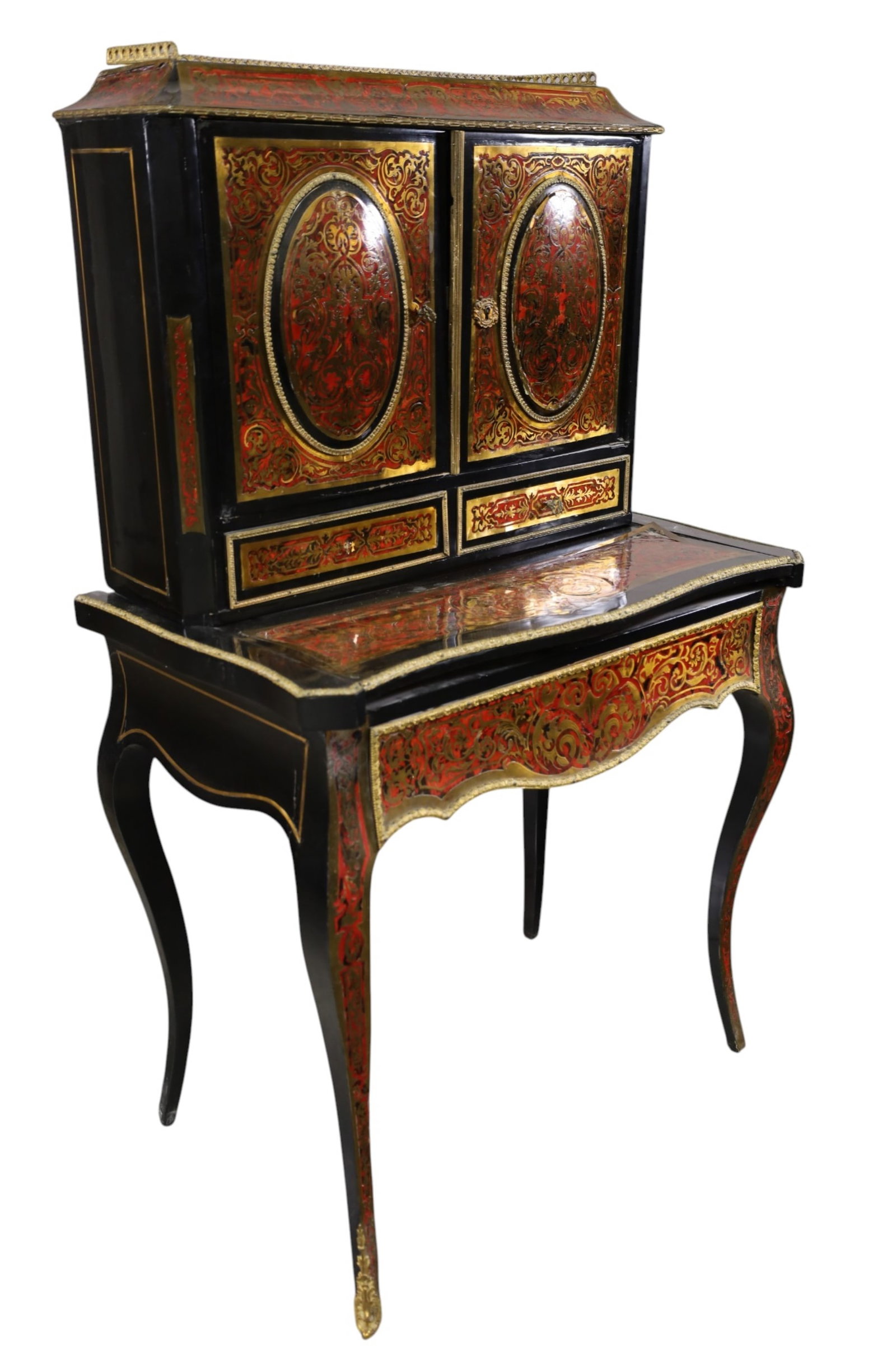 FRENCH BOULLE DESK: 19th C, NAPOLEON III FRENCH BOULLE DESK, BRASS INLAID LADIES WRITING DESK, HINGE IS BROKEN TO RIGHT DOOR. 30" W x 18 1/2" D x 51" H. THIS ITEM EXCEEDS SIZE AND WEIGHT LIMITATIONS FOR IN HOUSE
