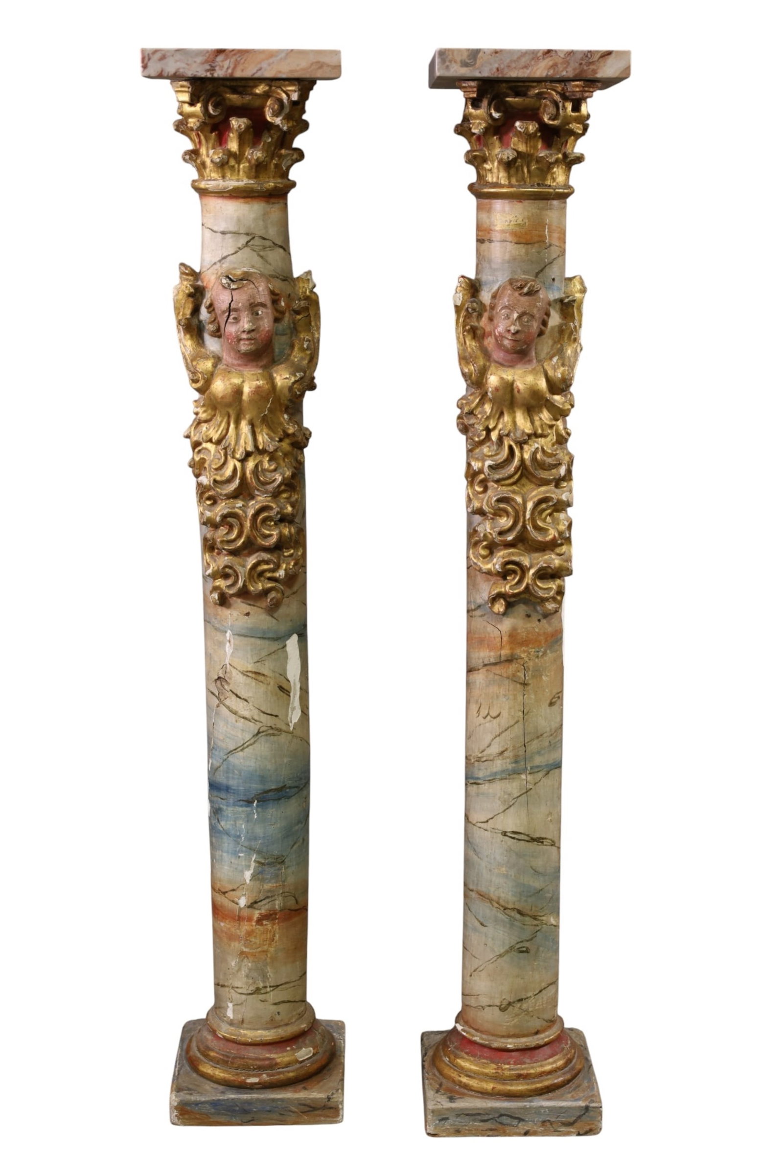 PAIR OF 19th C PEDESTALS: PAIR OF 19th BAROQUE FAUX MARBLE PEDESTALS. WITH GESSO FIGURES, MARBLE TOP. AGE SPLIT. PAINT LOSS. 8" x 8" x 50" H. THIS ITEM EXCEEDS SIZE AND WEIGHT LIMITATIONS FOR IN HOUSE SHIPPING, MUST BE PICKED