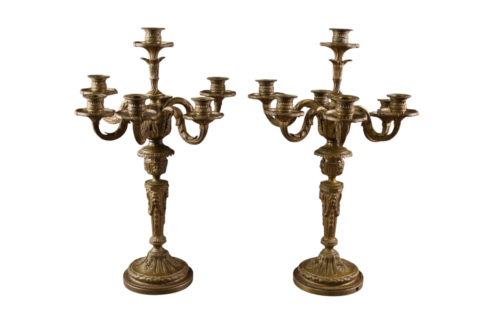 PAIR OF CANDELABRAS: PAIR OF ORNATE BRONZE CANDELABRAS, 7 ARM. 20" H.