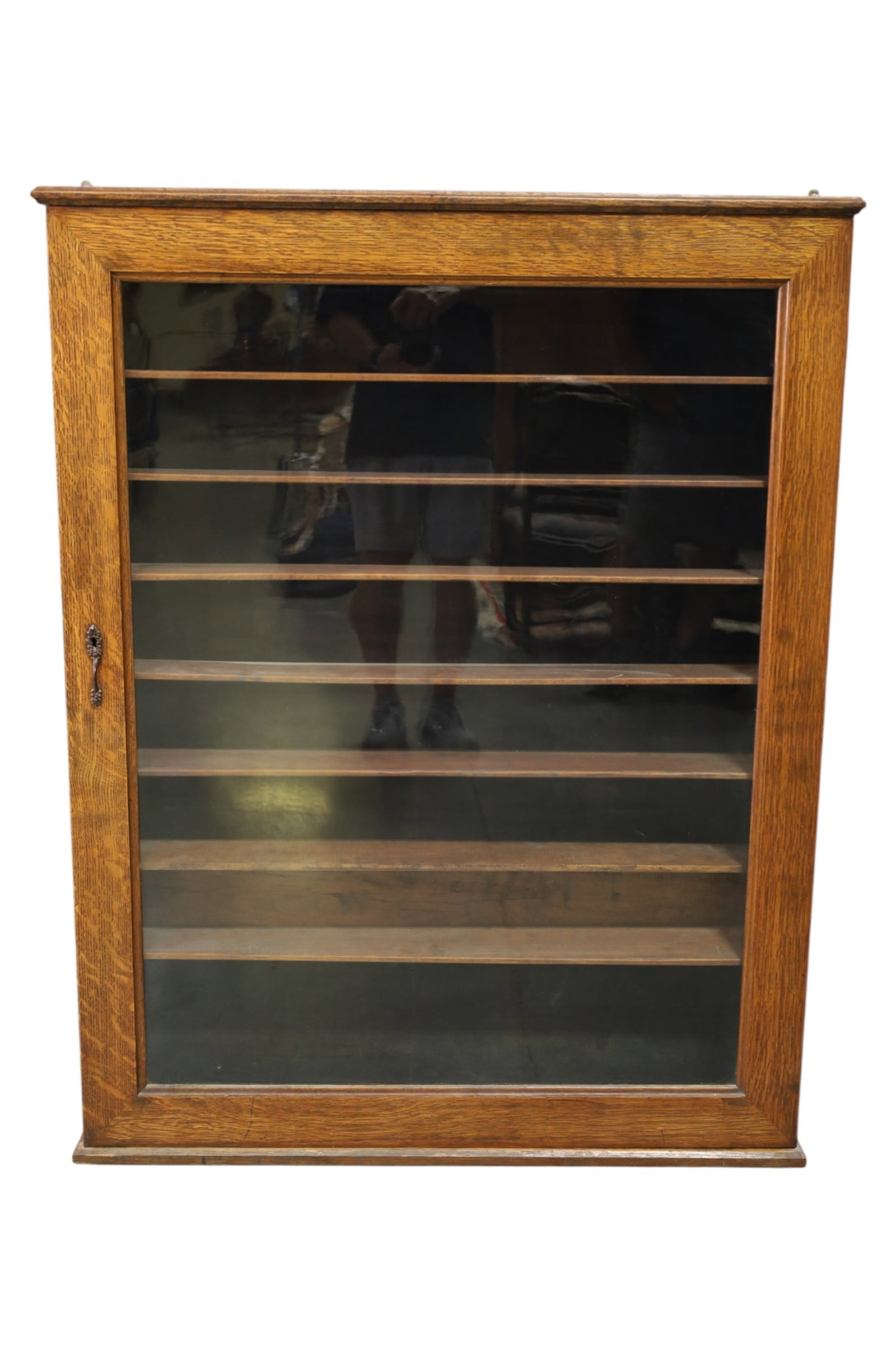 LARGE HANGING BARBER SHOP CABINET: LARGE SINGLE DOOR BARBER SHOP CABINET FOR SHAVING MUGS. 8 INTERIOE SHELVES. 39" W x 6" D x 50" H. THIS ITEM EXCEEDS SIZE AND WEIGHT LIMITATIONS FOR IN HOUSE SHIPPING, MUST BE PICKED UP IN HOUSE OR