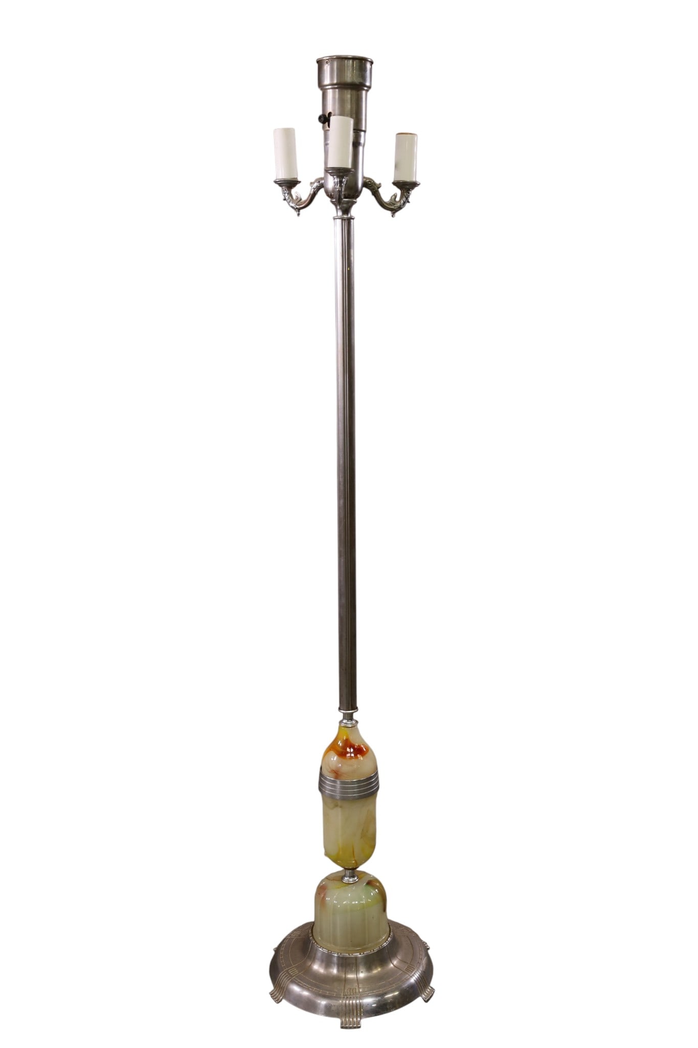 DECO FLOOR LAMP: CHROME AND ACRO AGATE FLOOR LAMP, NO SHADE. 57" H. THIS ITEM EXCEEDS SIZE AND WEIGHT LIMITATIONS FOR IN HOUSE SHIPPING, MUST BE PICKED UP IN HOUSE OR SHIPPED VIA 3rd PARTY GROUND SHIPPER.