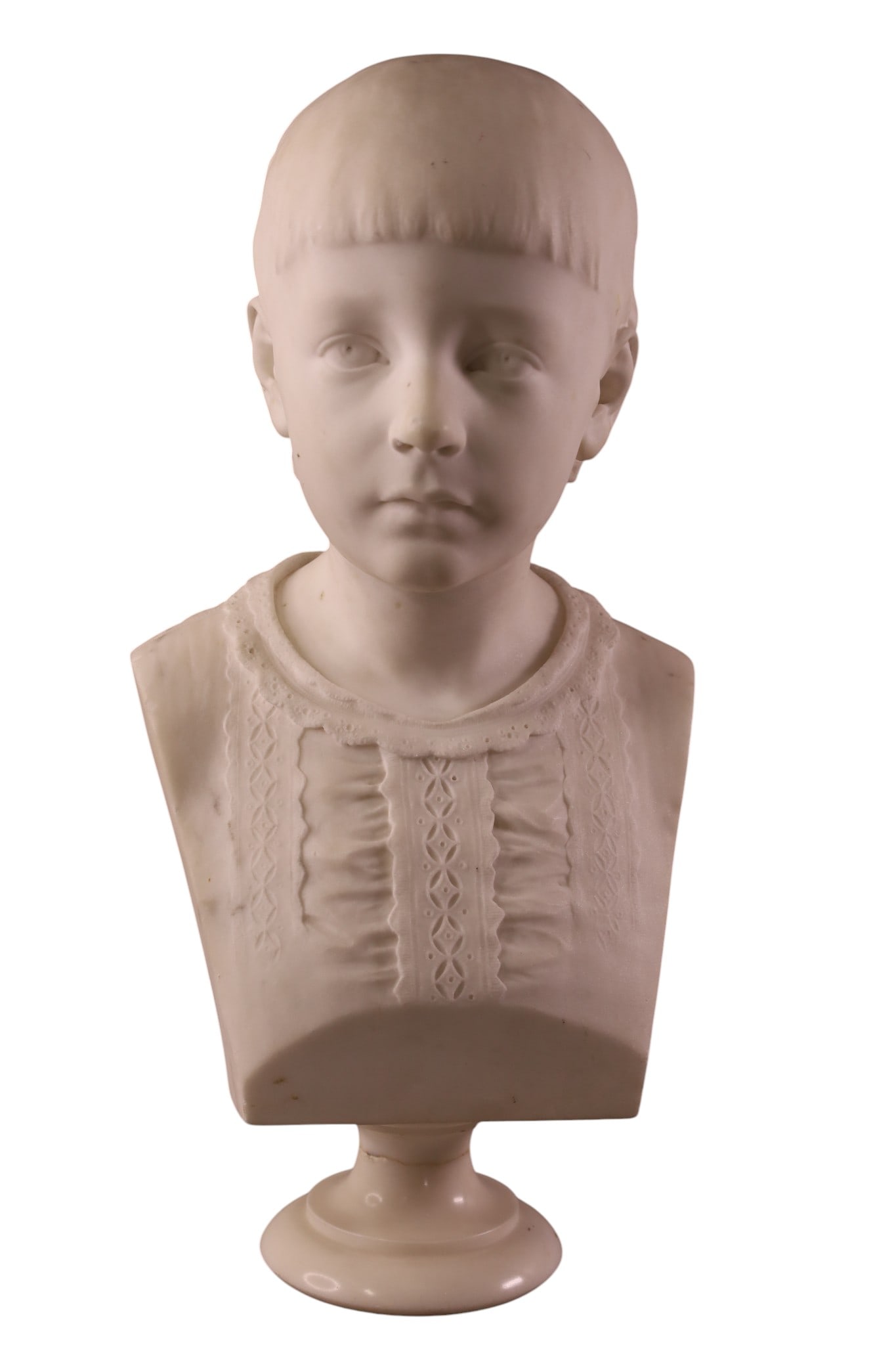 MARBLE BUST: LARGE CARVED MARBLE BUST, SIGNED L. THOMPSON (LAUNT THOMPSON) ON REVERSE. DATED 1875. CHIPS TO LACE OF SHIRT, REPAIR TO BASE. 19" H. THIS ITEM EXCEEDS SIZE AND WEIGHT LIMITATIONS FOR IN HOUSE