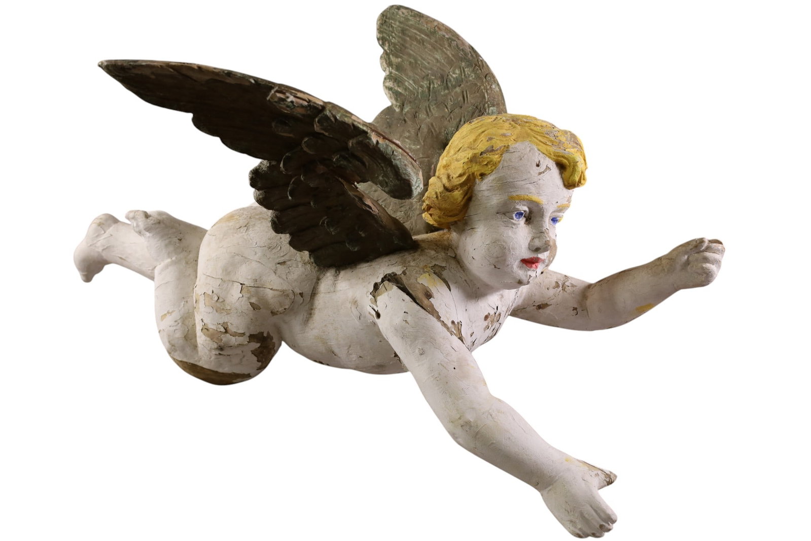 CARVED WOOD CHERUB: LARGE ANTIQUE CARVED WOOD CHERUB, REPAIRS, AND CRACKS. 35" L x 20" W. THIS ITEM EXCEEDS SIZE AND WEIGHT LIMITATIONS FOR IN HOUSE SHIPPING, MUST BE PICKED UP IN HOUSE OR SHIPPED VIA 3rd PARTY GROUND