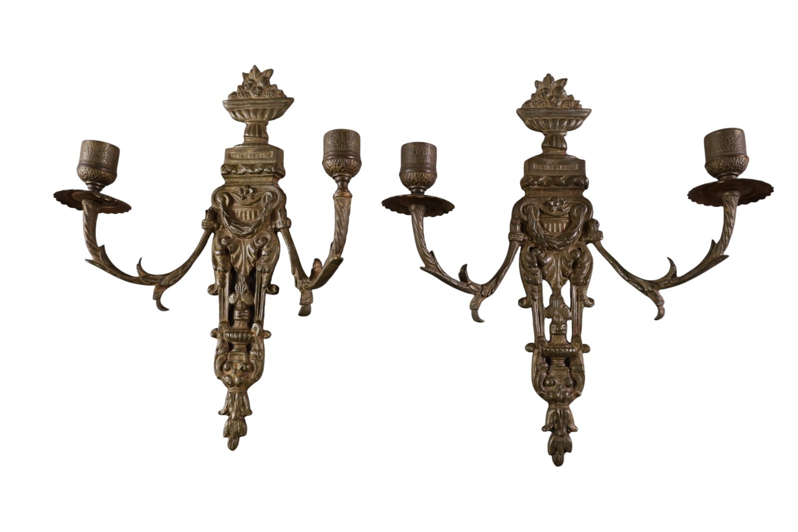 PAIR OF WALL SCONCES: PAIR OF SMALL DOUBLE ARM WALL SCONCES. MISSING ONE DRIP TRAY. 10" W x 12" H.
