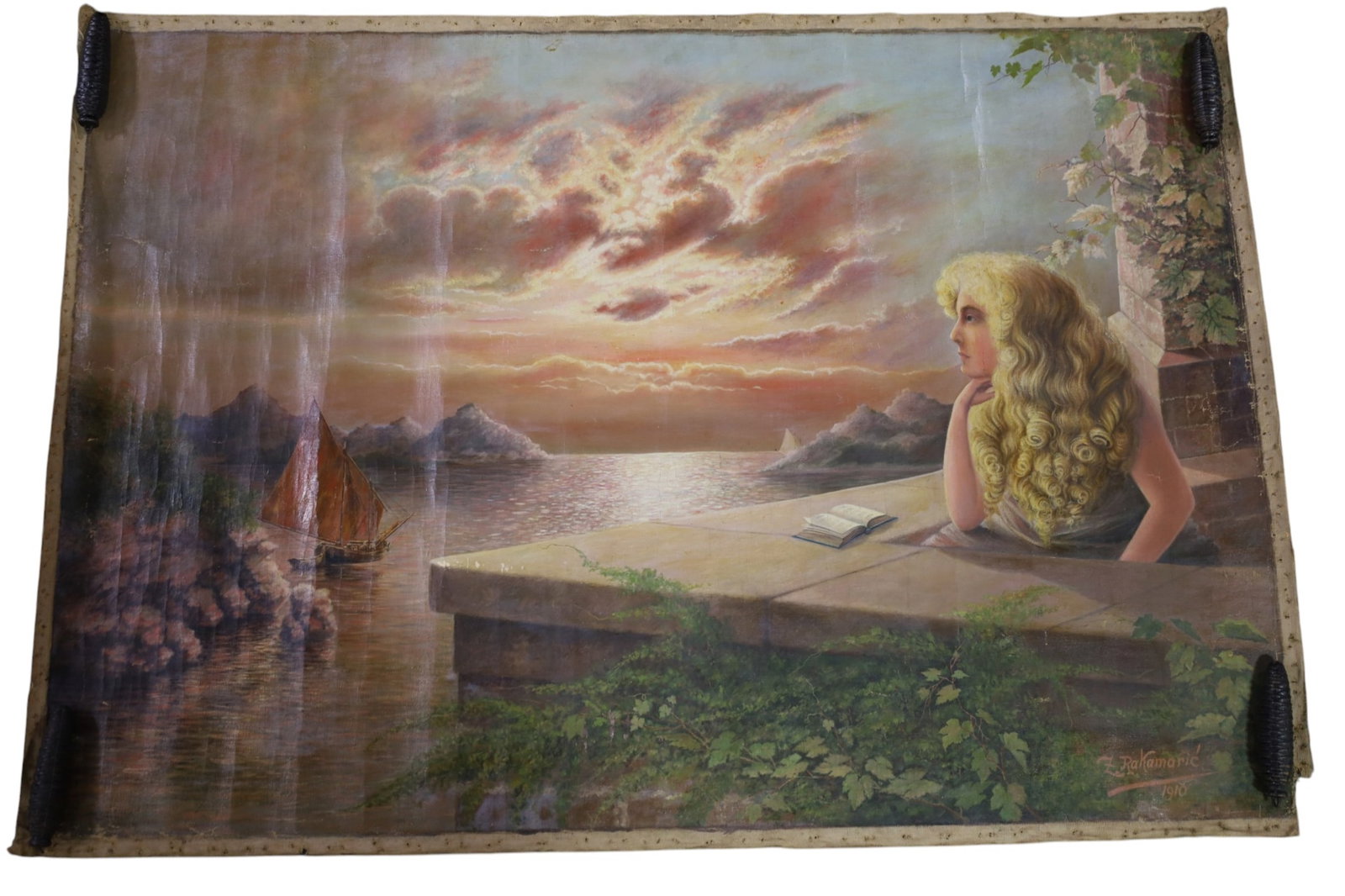 UNFRAMED VICTORIAN PAINTING: UNFRAMED PAINTING, ON FABRIC. SIGNED LOWER RIGHT, 45" x 32" IMAGE SIZE.