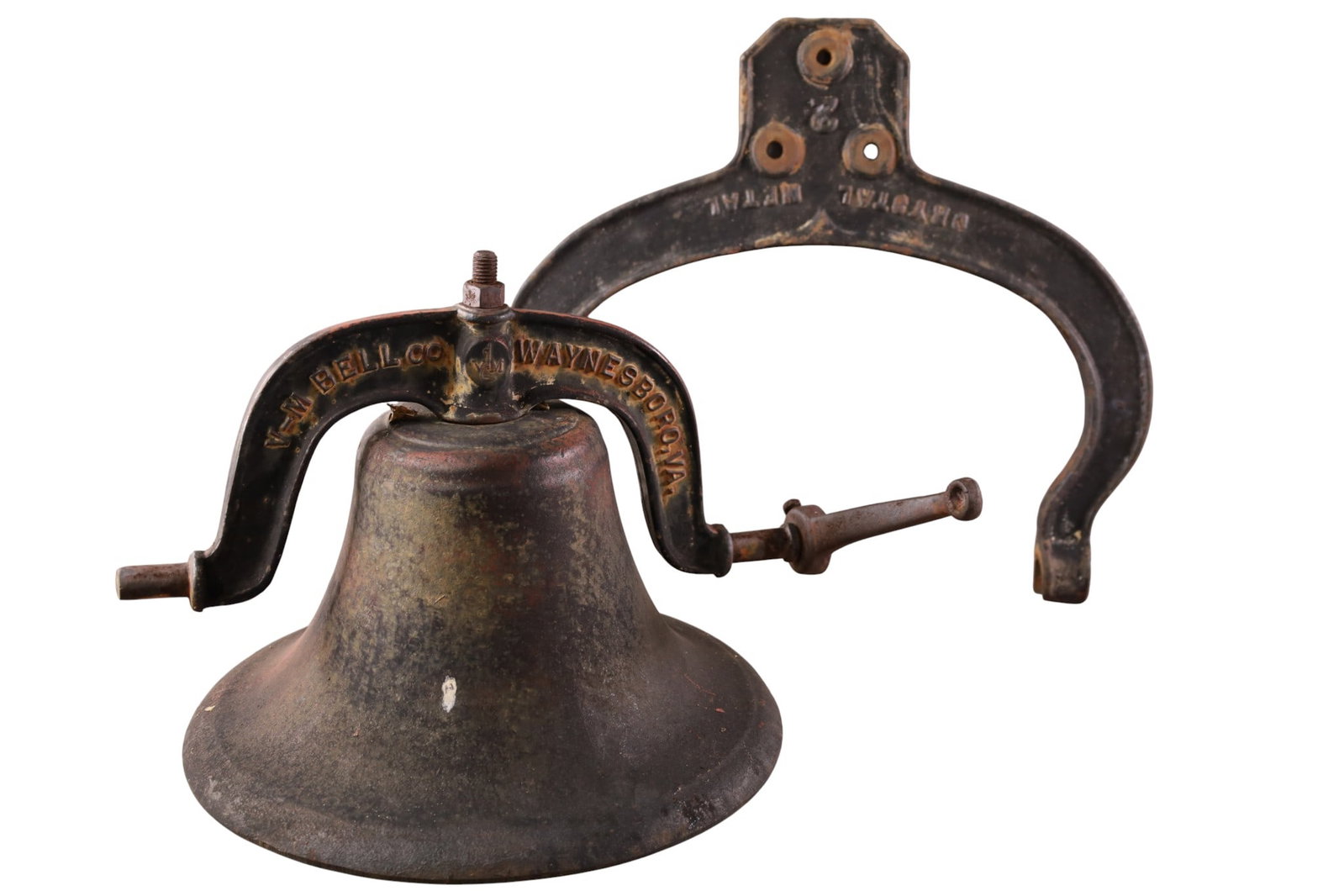 LARGE CAST IRON BELL: MARKED V-M BELL CO. WITH BRACKET. NO CLAPPER. 15 1/2" DIAM. THIS ITEM EXCEEDS SIZE AND WEIGHT LIMITATIONS FOR IN HOUSE SHIPPING, MUST BE PICKED UP IN HOUSE OR SHIPPED VIA 3rd PARTY GROUND SHIPPER.